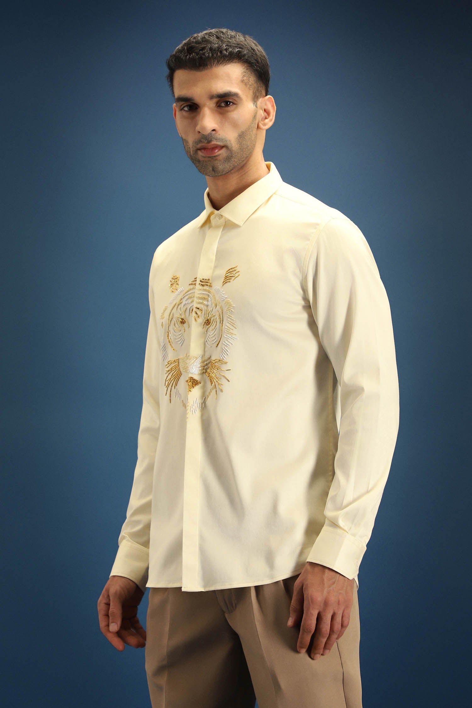 Relentless Tiger Hand Embroidered Designer Shirt - Ivory