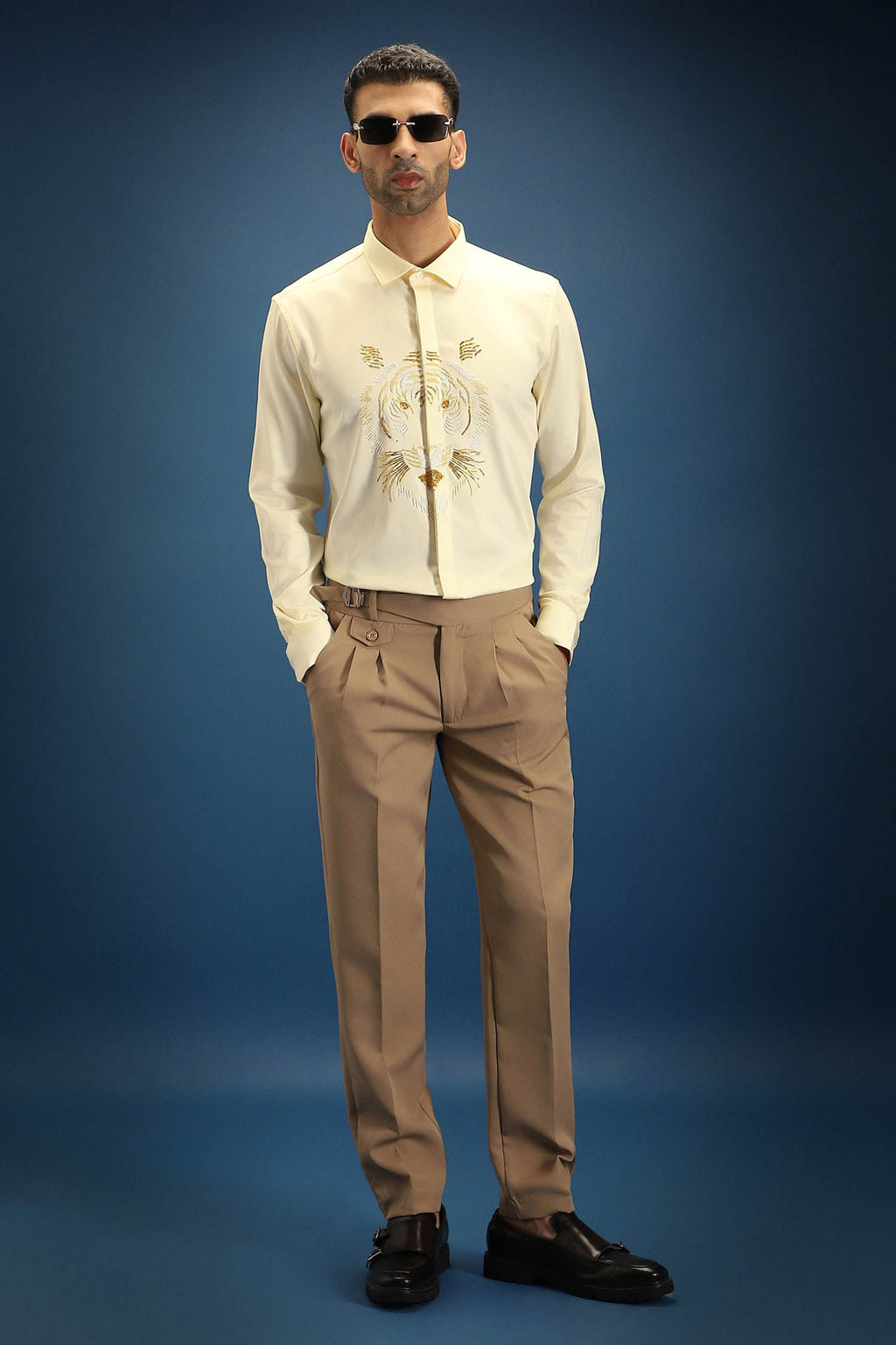 Relentless Tiger Hand Embroidered Designer Shirt - Ivory