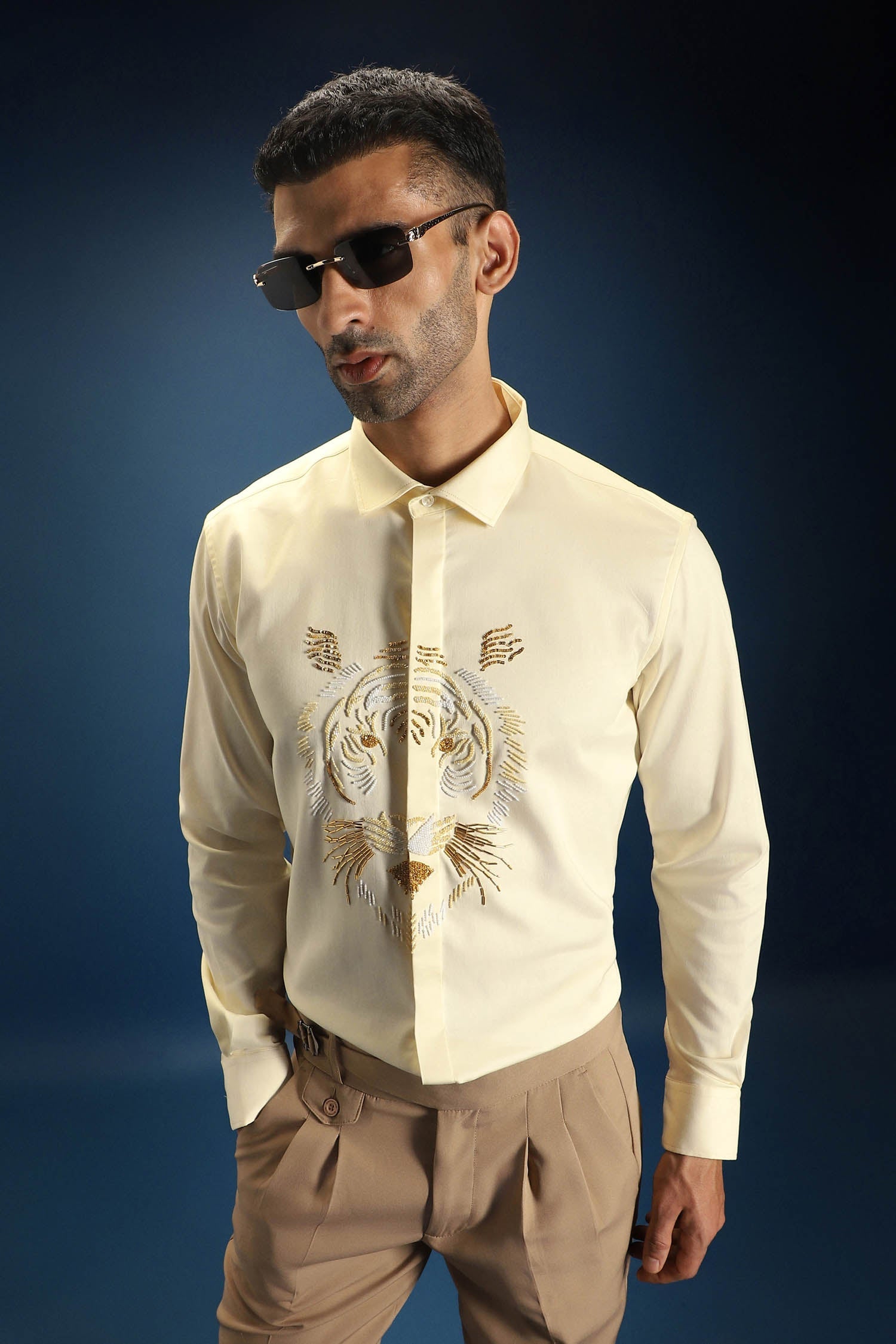 Relentless Tiger Hand Embroidered Designer Shirt - Ivory