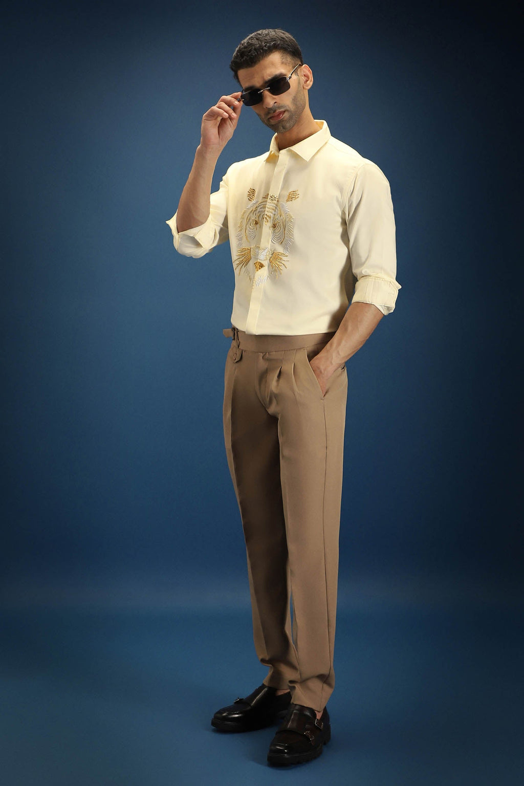 Relentless Tiger Hand Embroidered Designer Shirt - Ivory