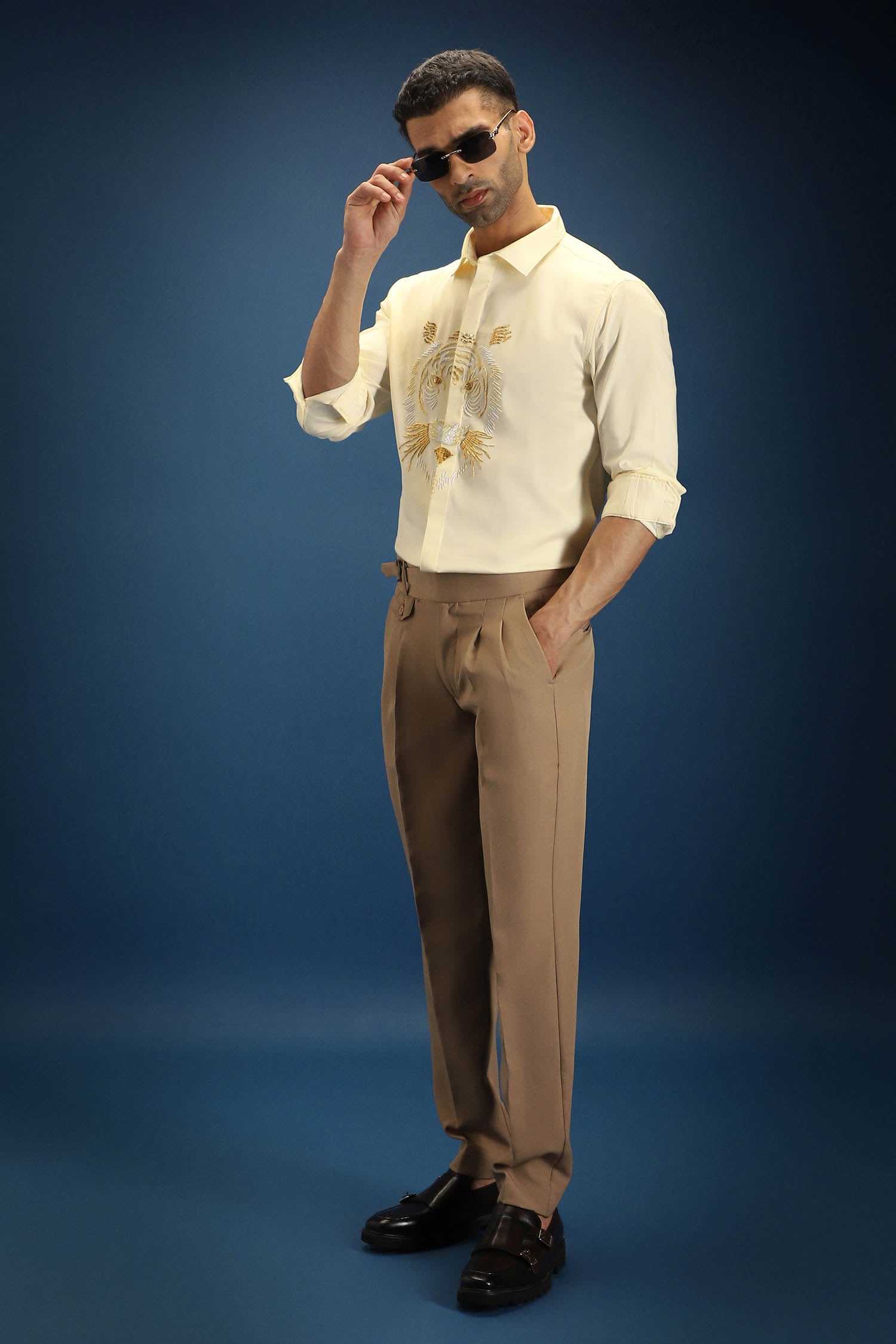 Relentless Tiger Hand Embroidered Designer Shirt - Ivory