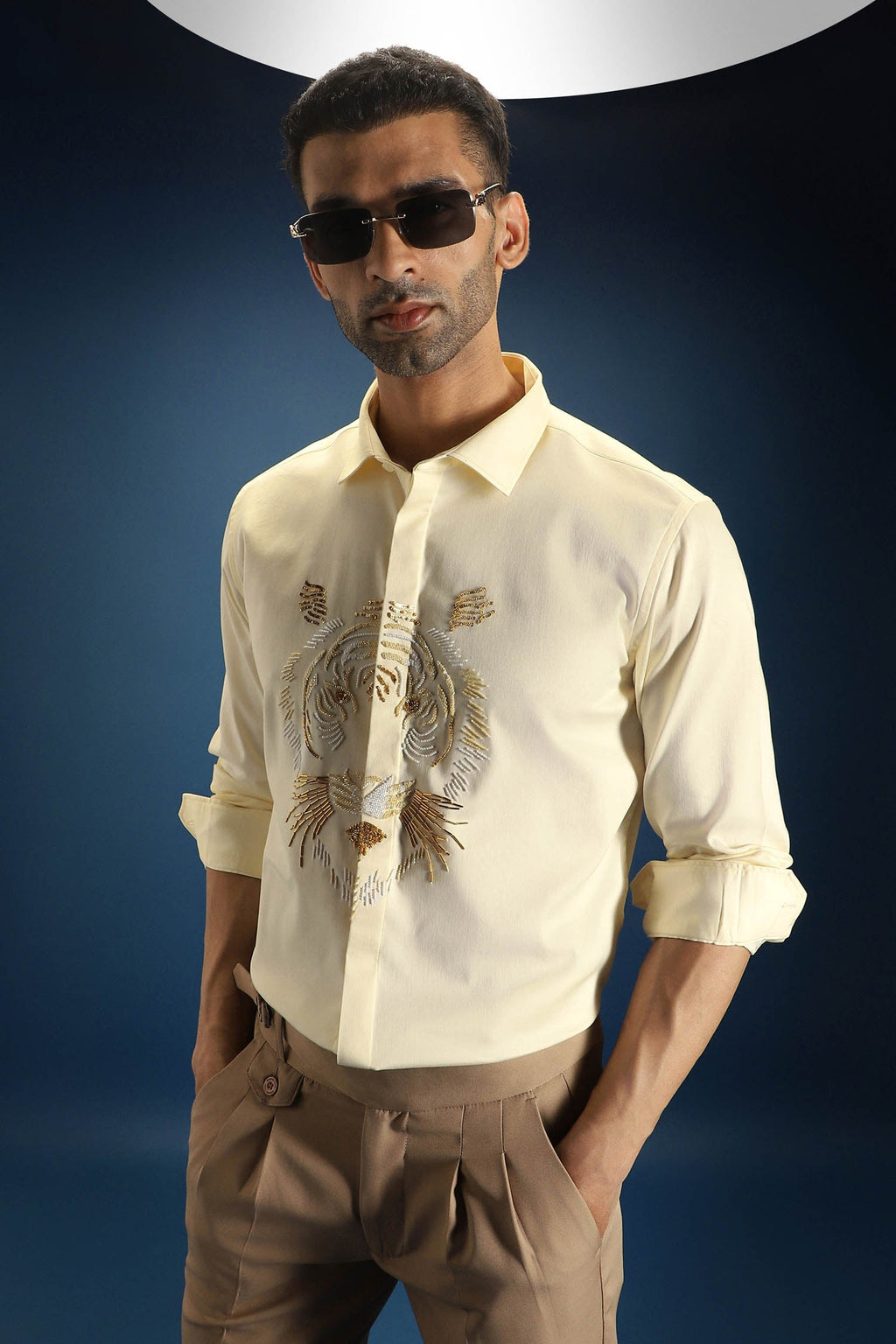 Relentless Tiger Hand Embroidered Designer Shirt - Ivory