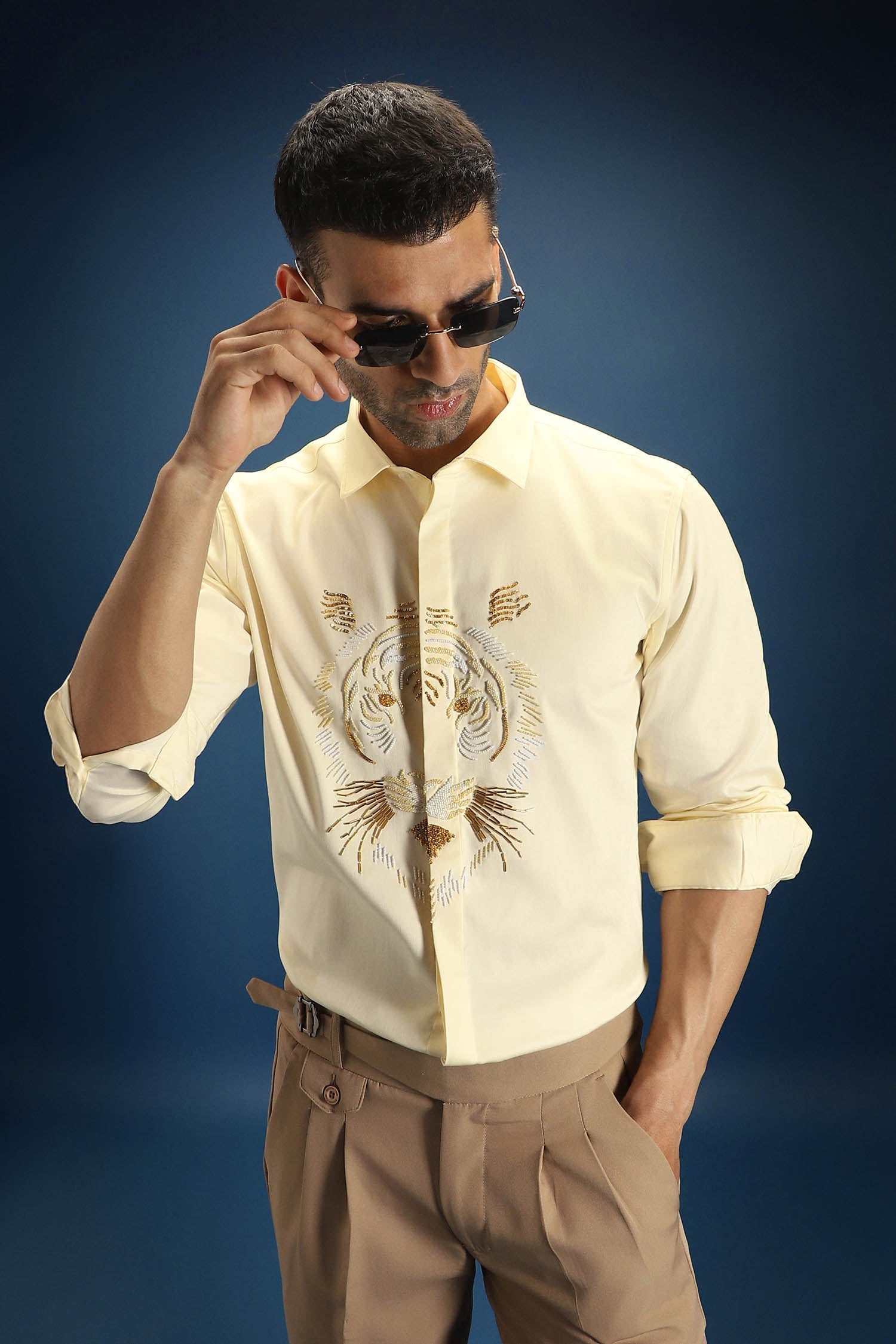 Relentless Tiger Hand Embroidered Designer Shirt - Ivory