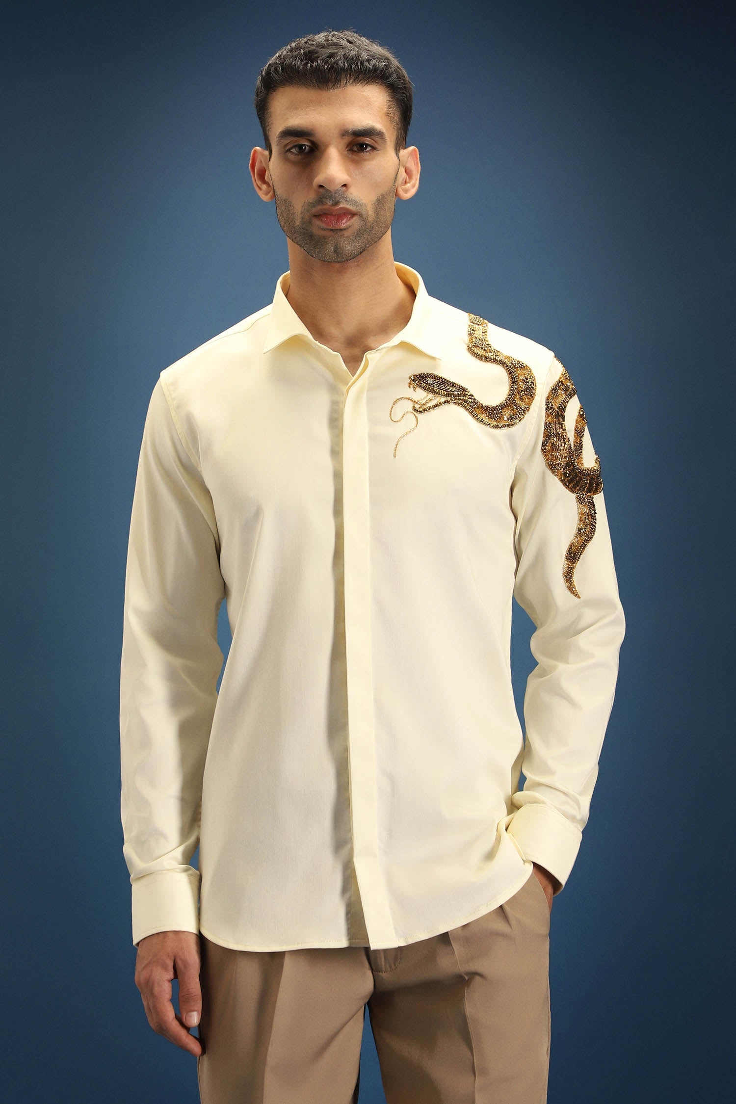 Viper(Snake) - Hand Embroidered Designer Shirt - Ivory