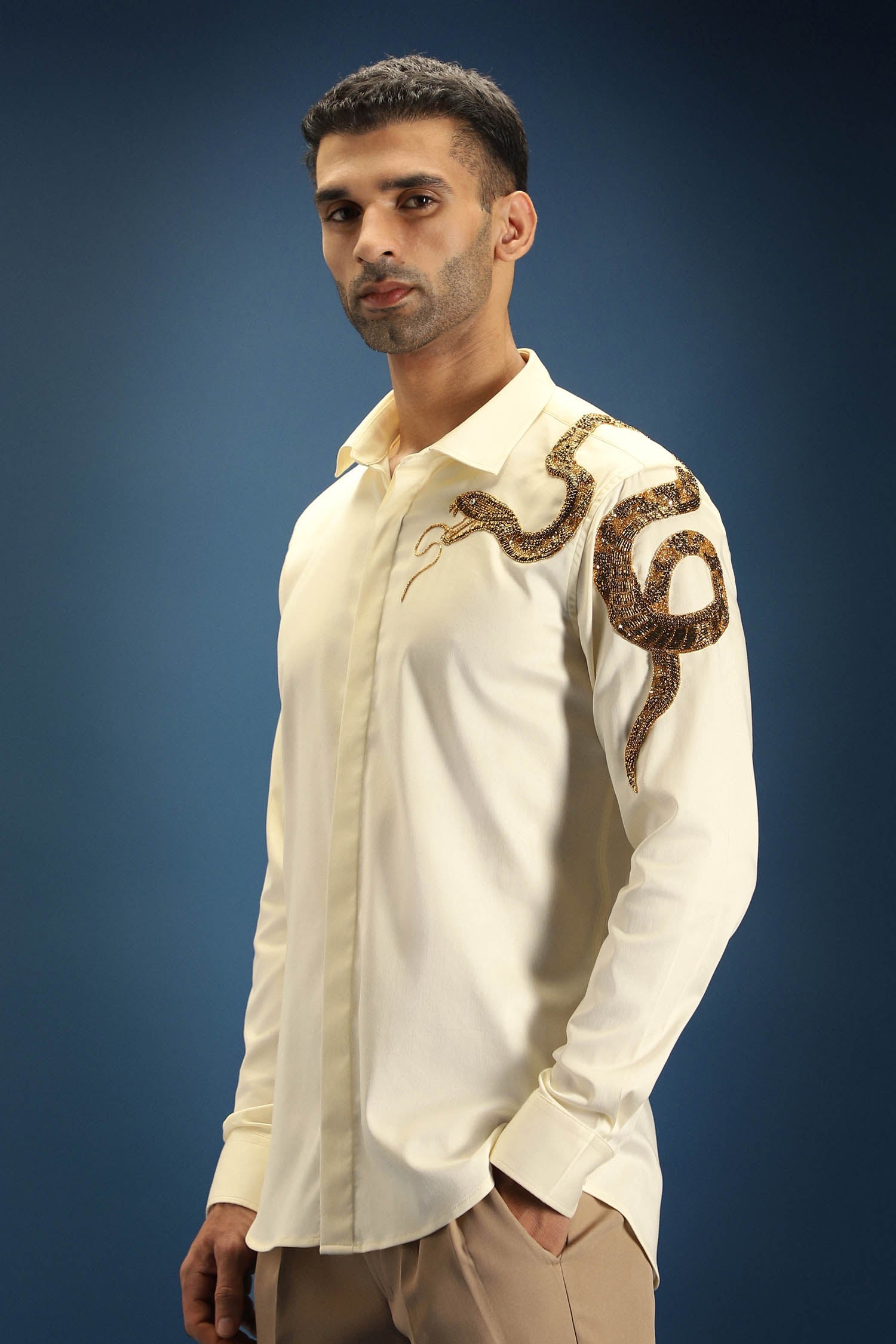 Viper(Snake) - Hand Embroidered Designer Shirt - Ivory