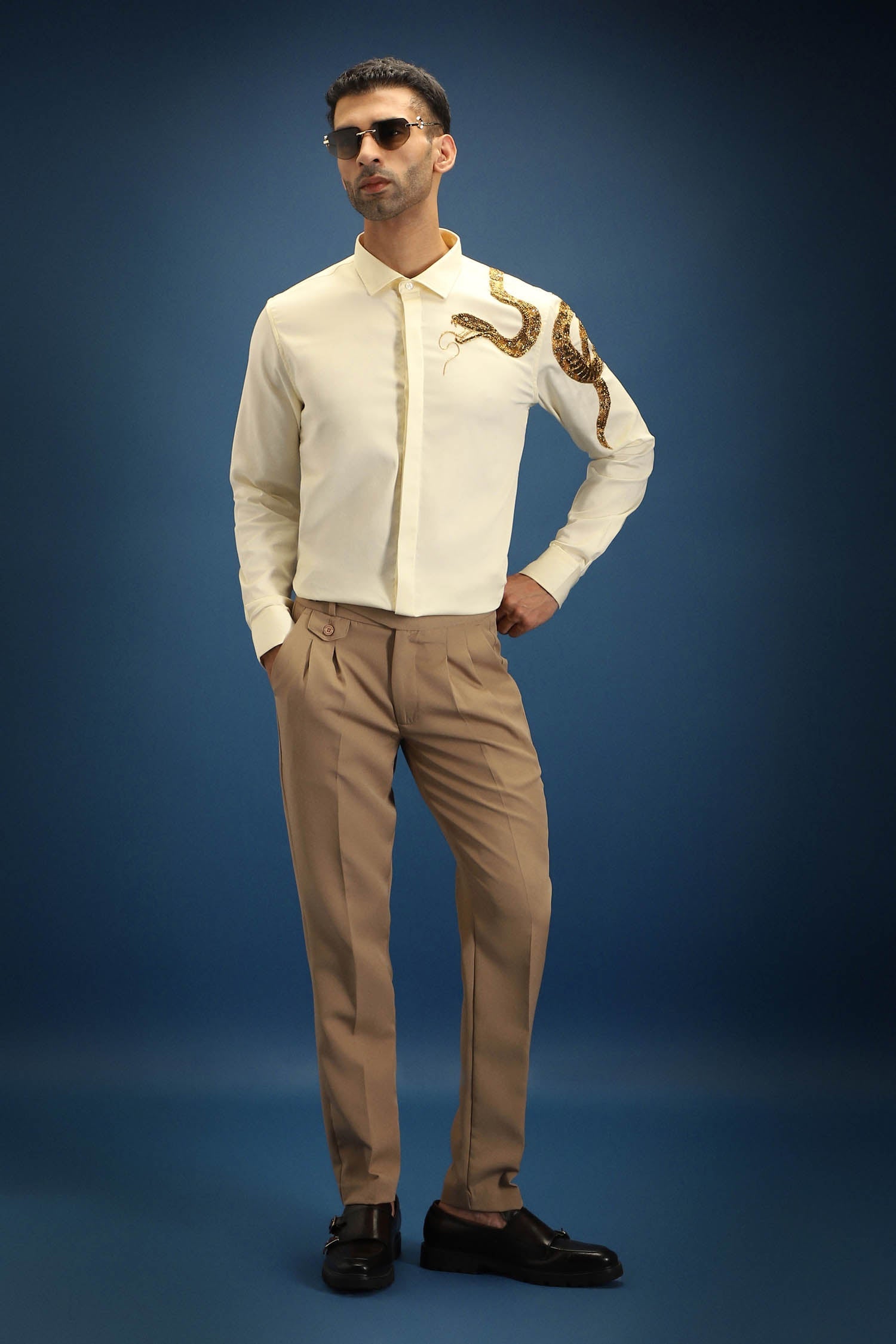 Viper(Snake) - Hand Embroidered Designer Shirt - Ivory