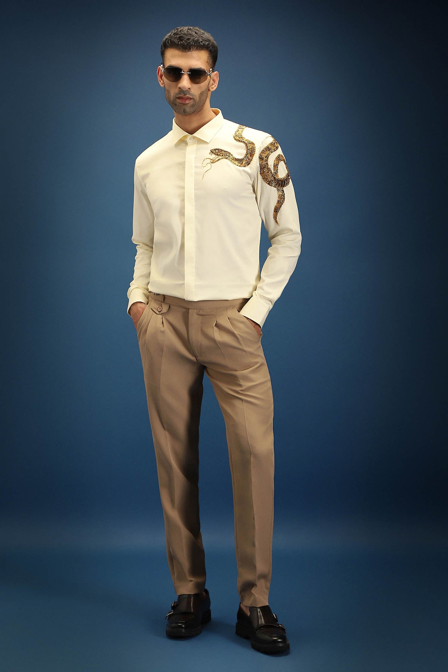 Viper(Snake) - Hand Embroidered Designer Shirt - Ivory