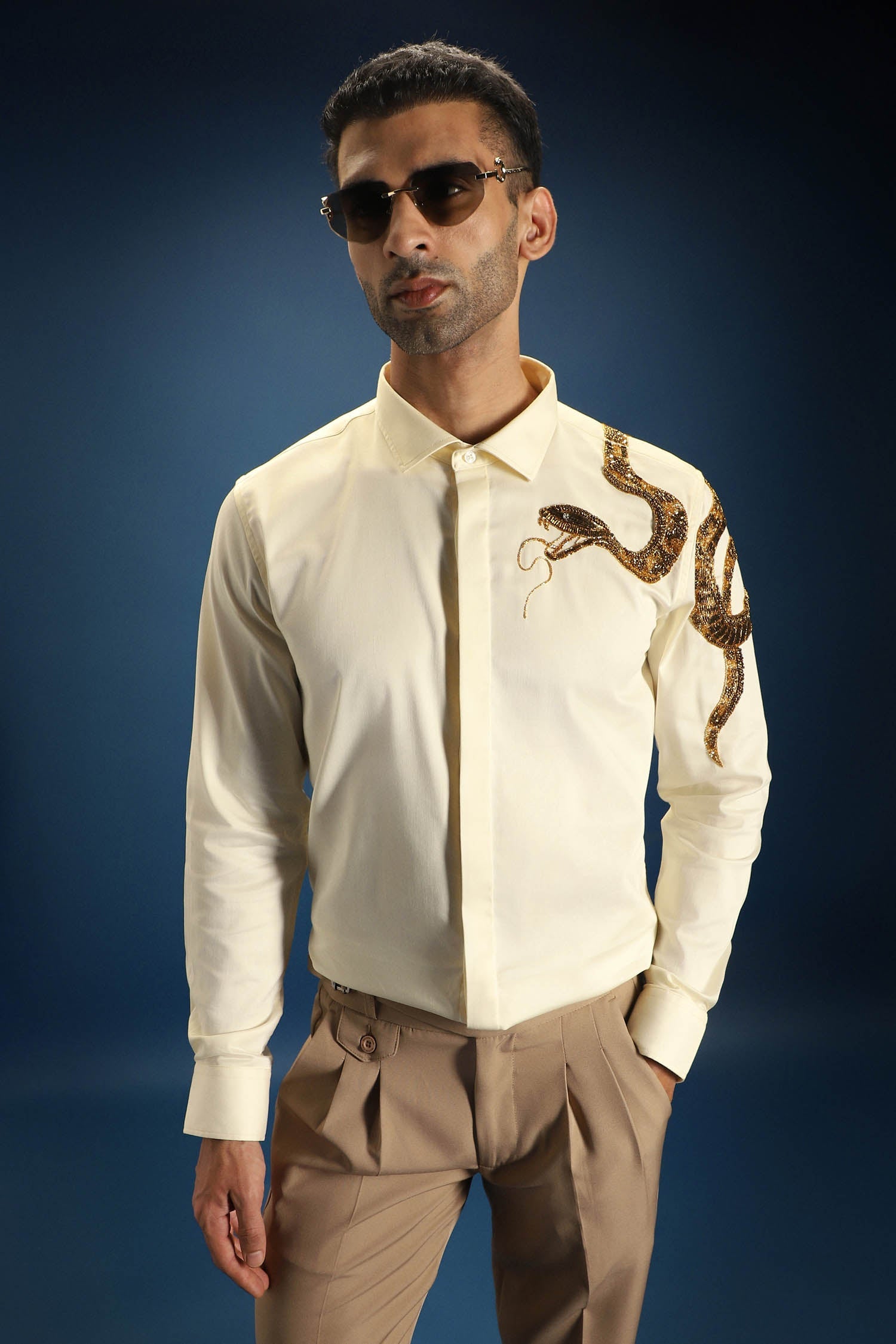 Viper(Snake) - Hand Embroidered Designer Shirt - Ivory