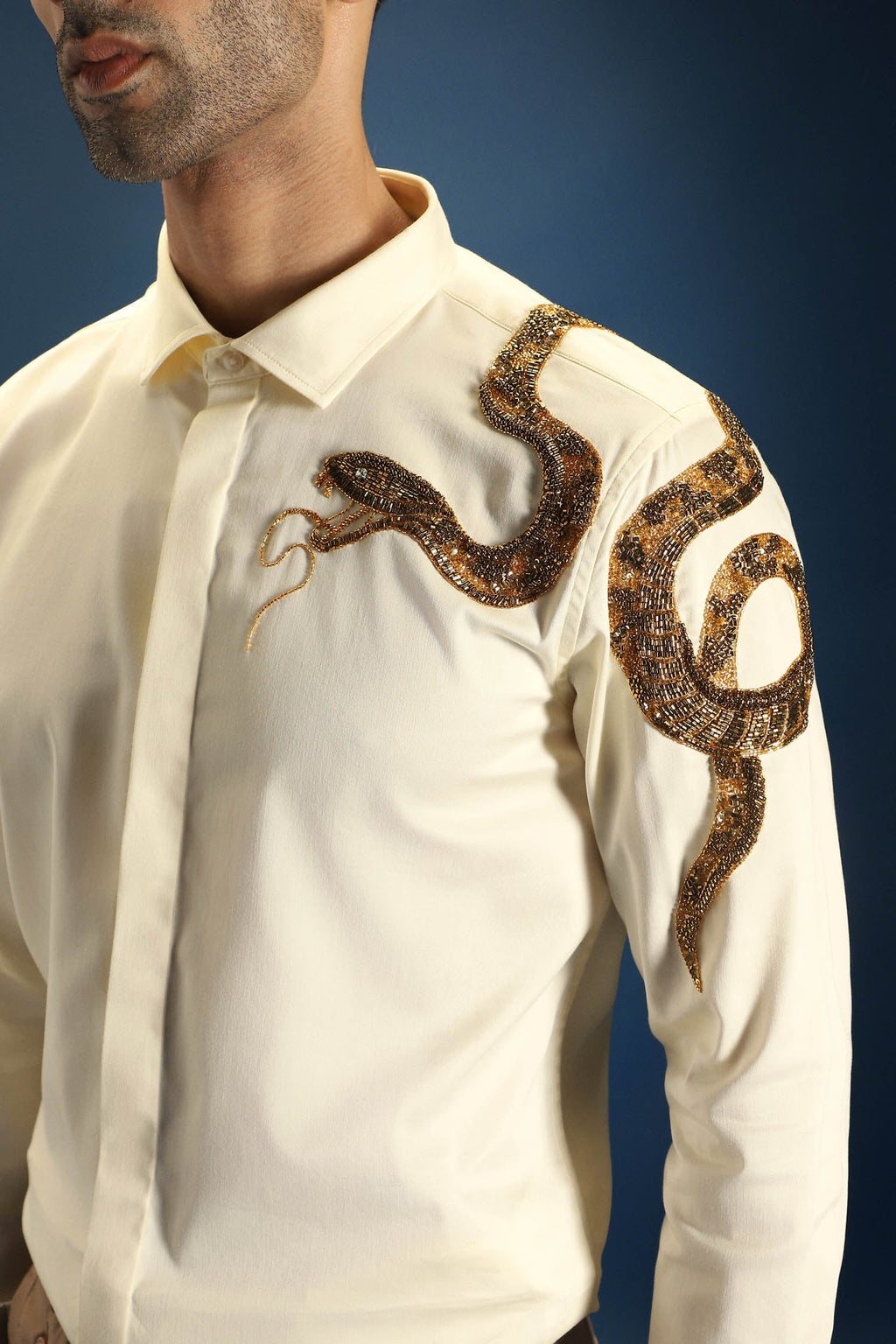 Viper(Snake) - Hand Embroidered Designer Shirt - Ivory