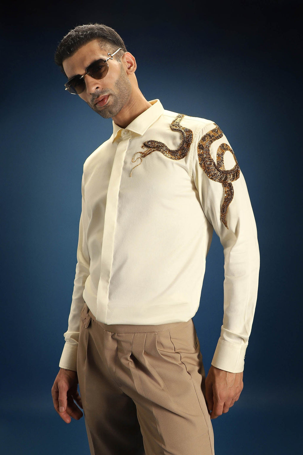 Viper(Snake) - Hand Embroidered Designer Shirt - Ivory