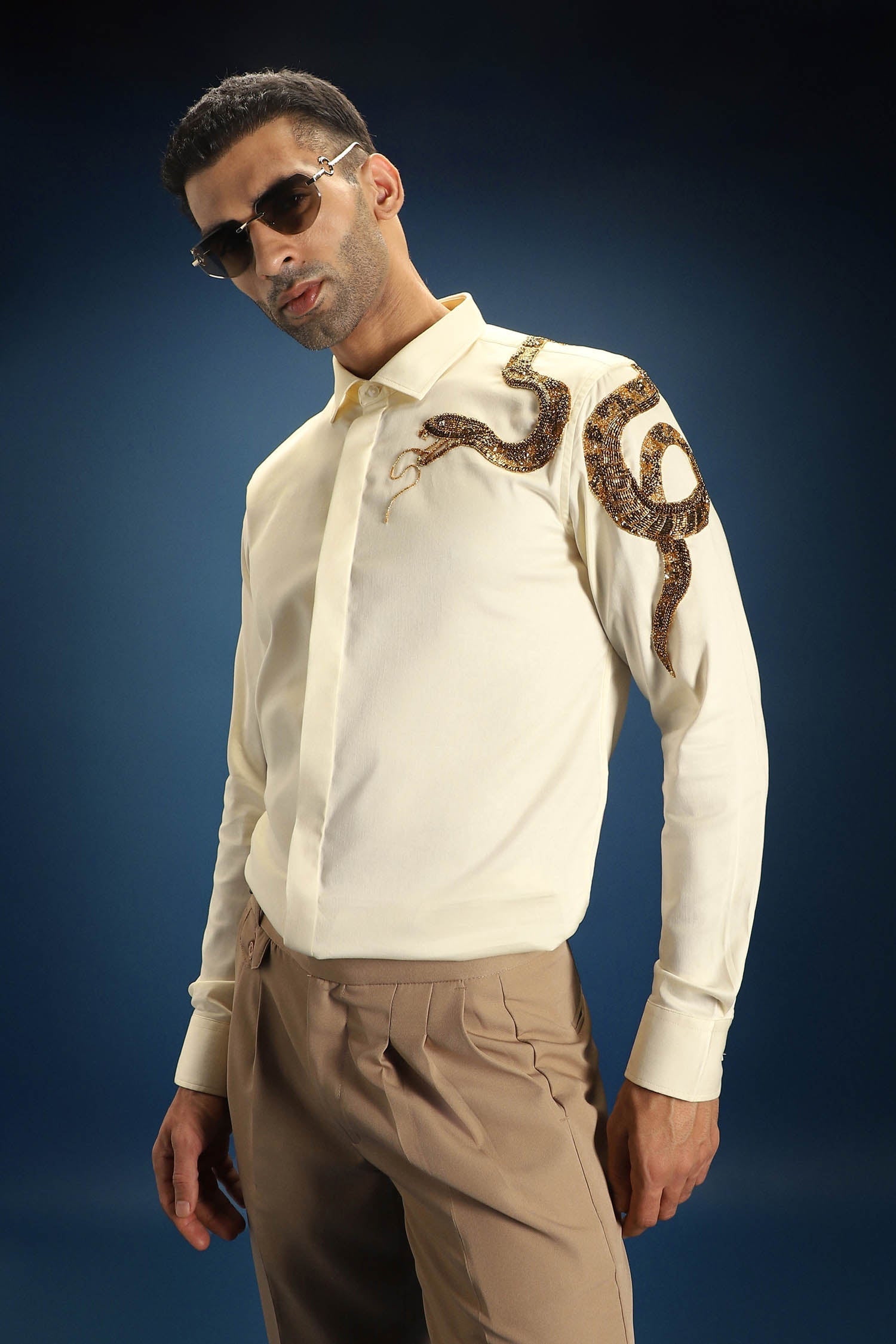 Viper(Snake) - Hand Embroidered Designer Shirt - Ivory