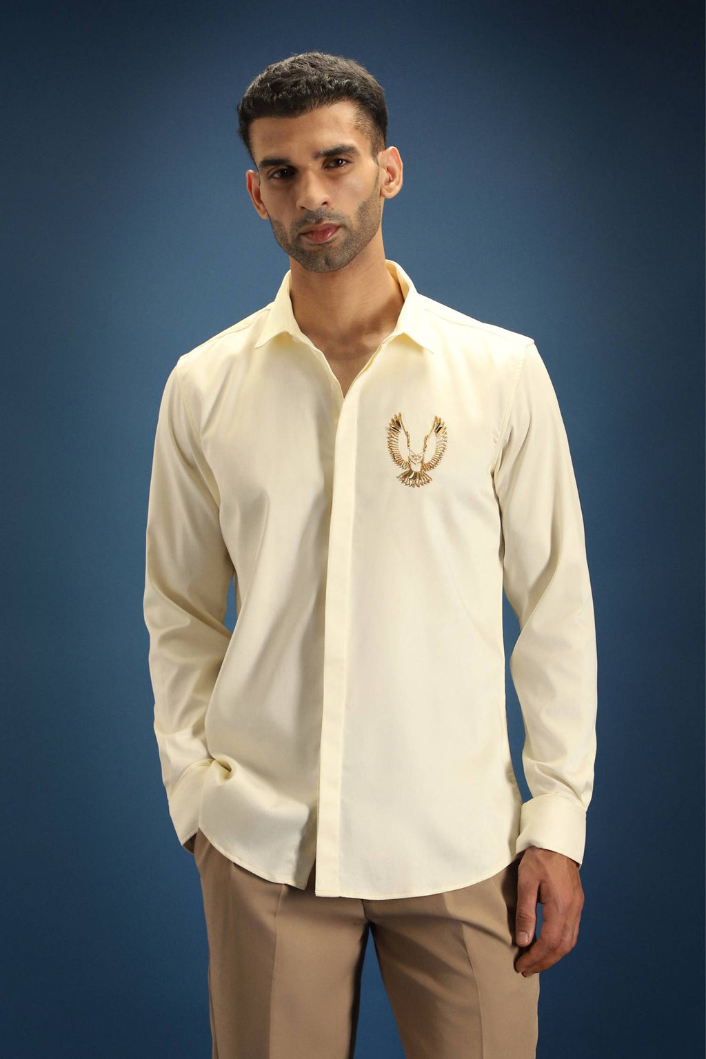 OWL Hand Embroidered Designer Shirt- Ivory