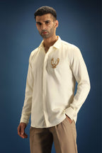 OWL Hand Embroidered Designer Shirt- Ivory