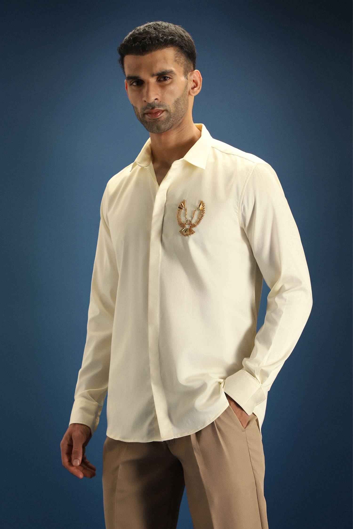 OWL Hand Embroidered Designer Shirt- Ivory