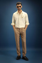 OWL Hand Embroidered Designer Shirt- Ivory