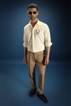 OWL Hand Embroidered Designer Shirt- Ivory