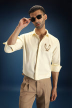 OWL Hand Embroidered Designer Shirt- Ivory
