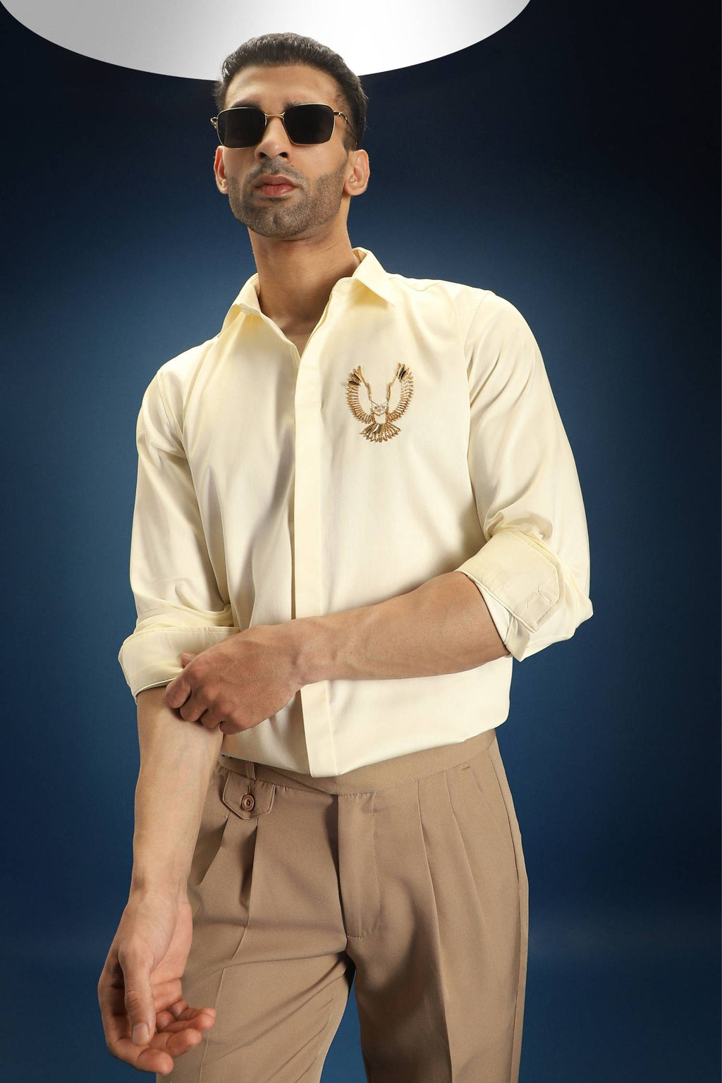 OWL Hand Embroidered Designer Shirt- Ivory