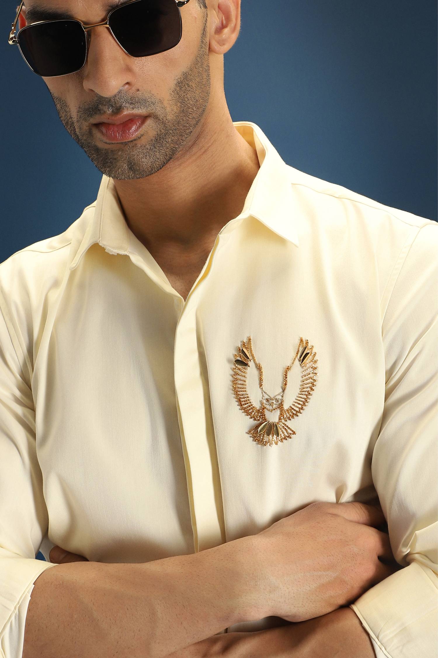 OWL Hand Embroidered Designer Shirt- Ivory
