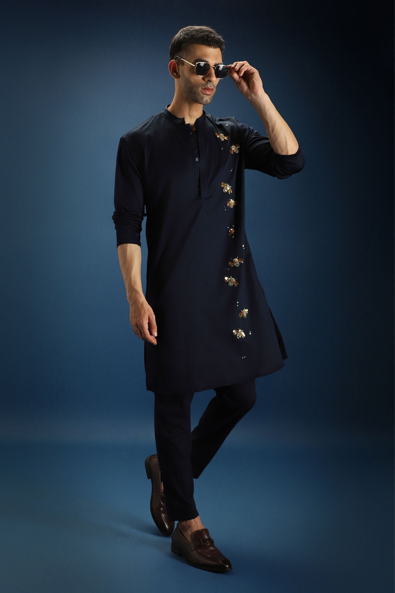 BumbleBee Hand Embroidered Designer Kurta - Navy
