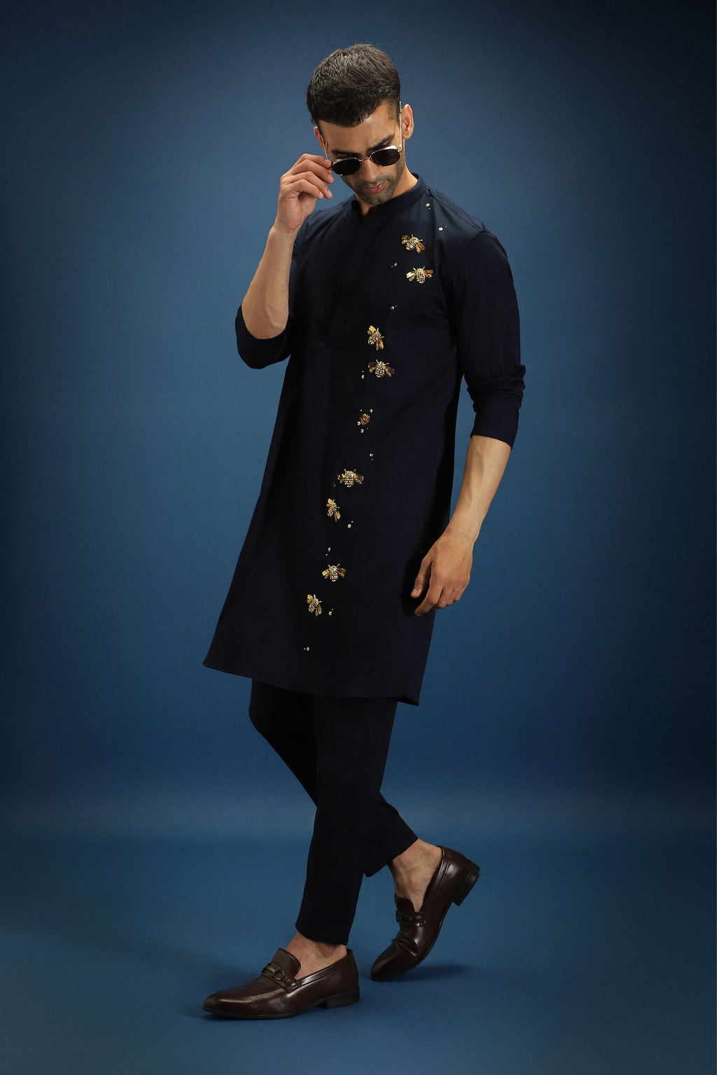 BumbleBee Hand Embroidered Designer Kurta - Navy