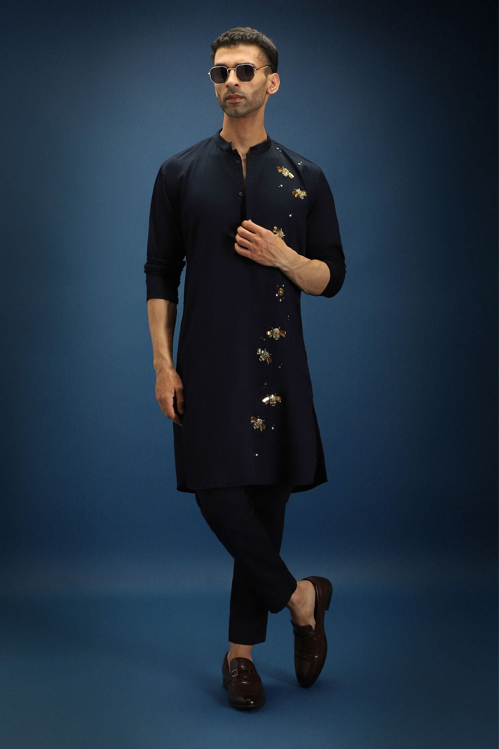 BumbleBee Hand Embroidered Designer Kurta - Navy