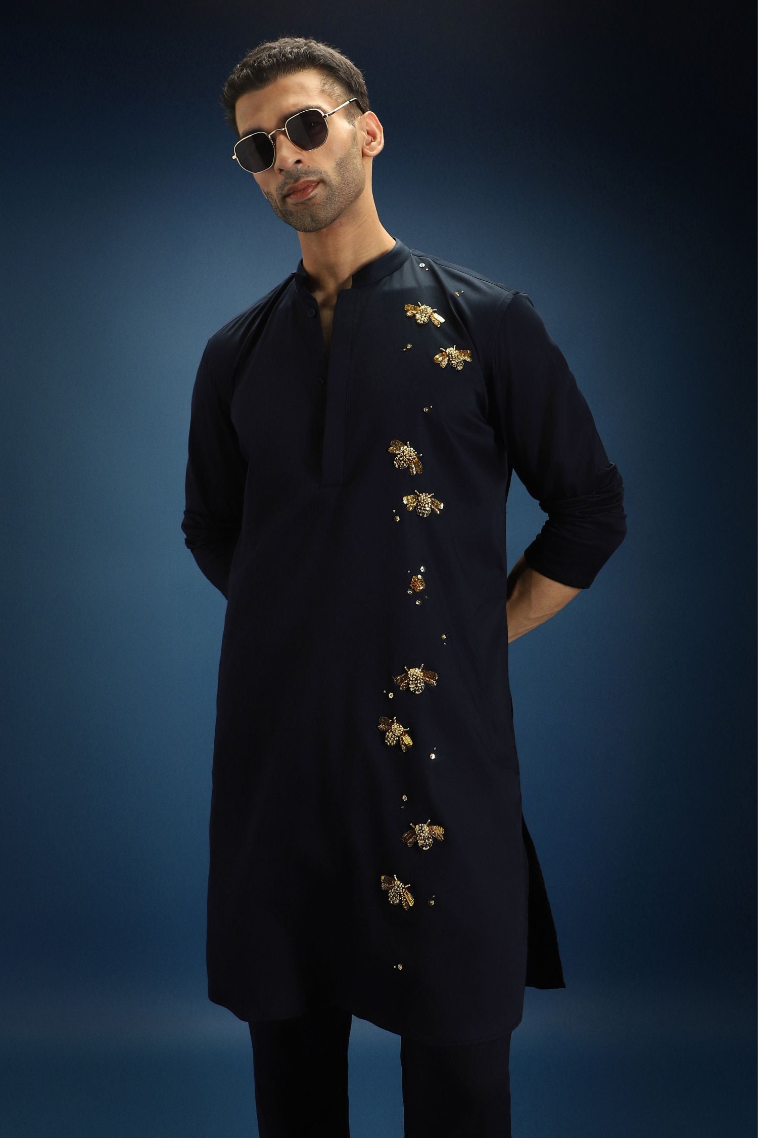 BumbleBee Hand Embroidered Designer Kurta - Navy