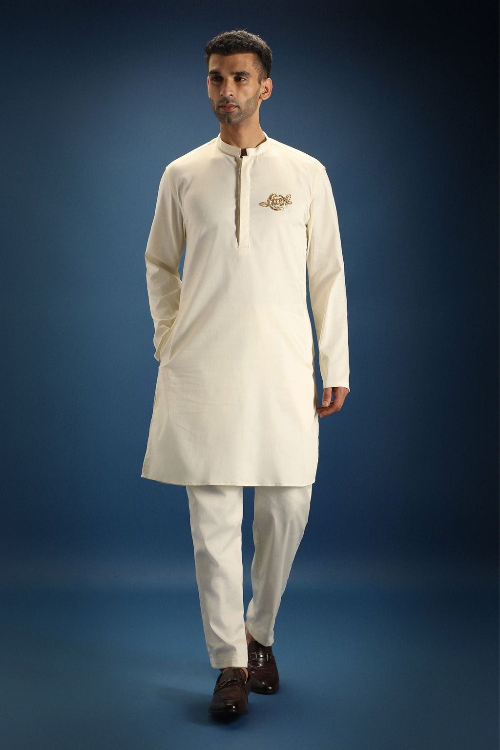 Gul(Rose) Hand Embroidered Designer Kurta - Ivory