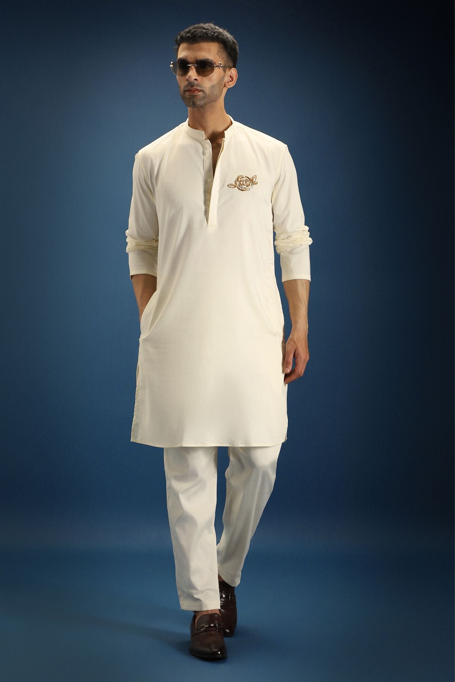 Gul(Rose) Hand Embroidered Designer Kurta - Ivory