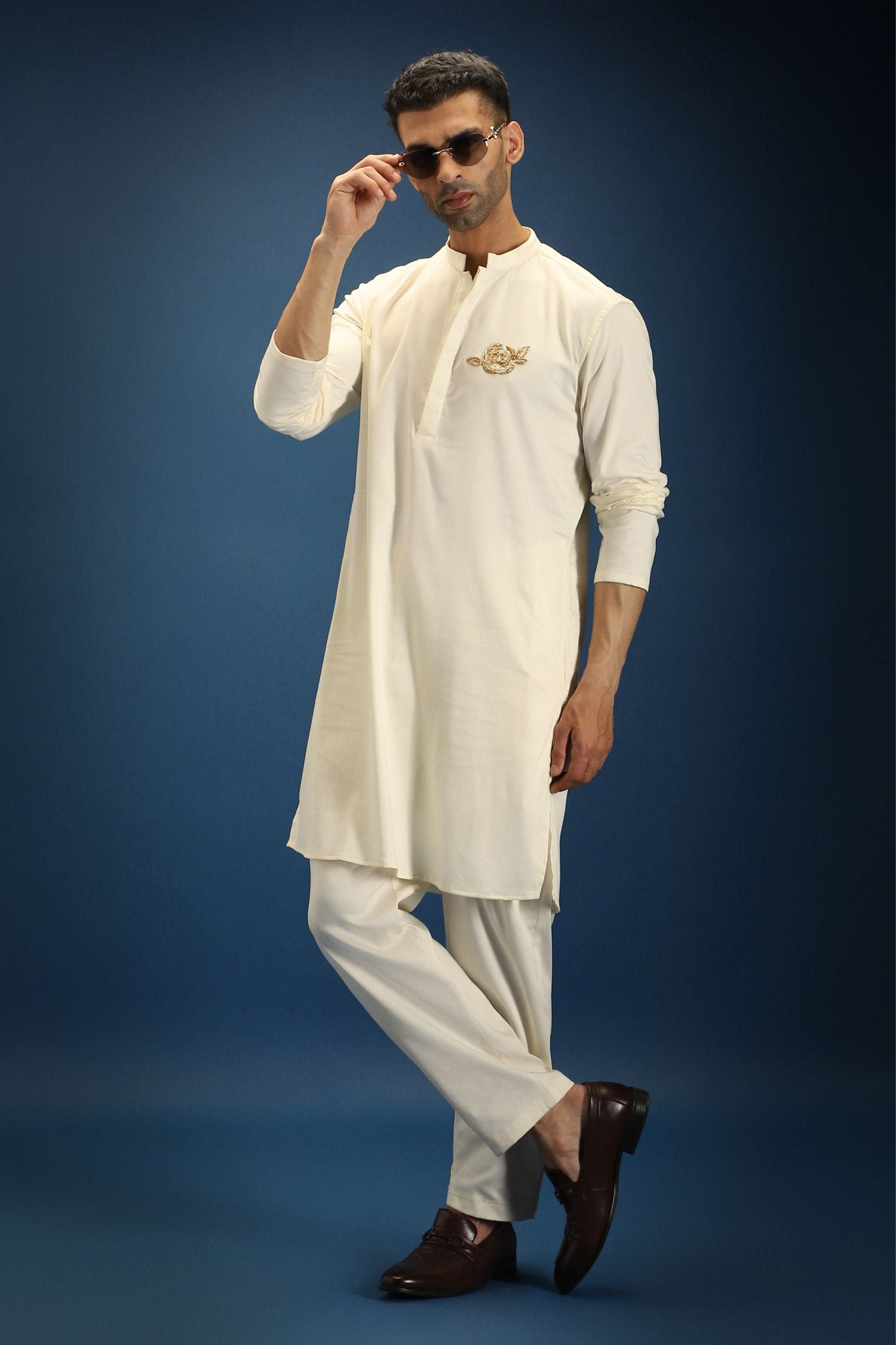Gul(Rose) Hand Embroidered Designer Kurta - Ivory