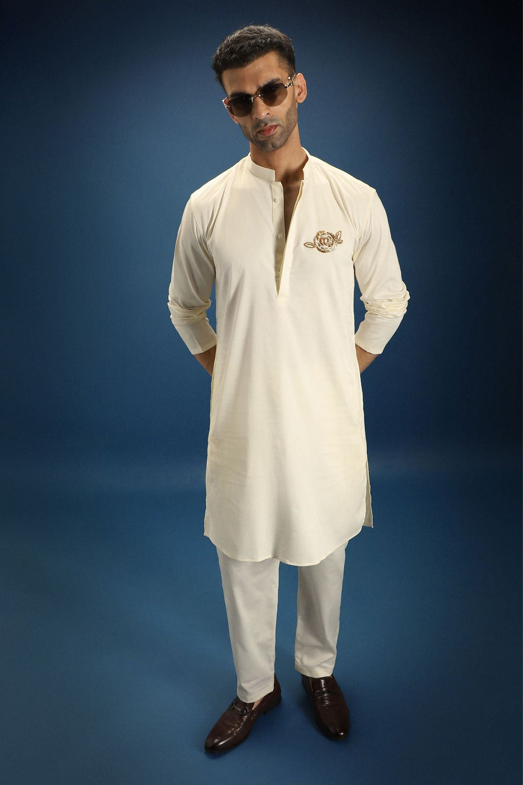 Gul(Rose) Hand Embroidered Designer Kurta - Ivory