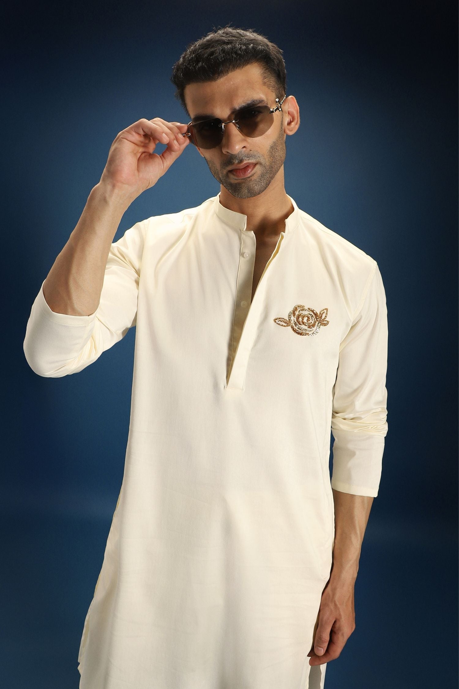 Gul(Rose) Hand Embroidered Designer Kurta - Ivory