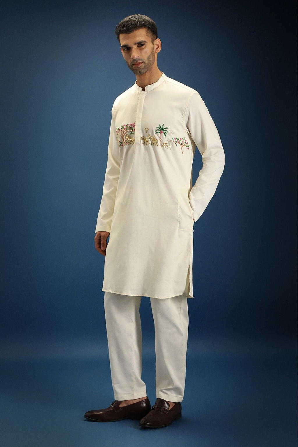 Jungle Hand Embroidered Designer Kurta - Ivory