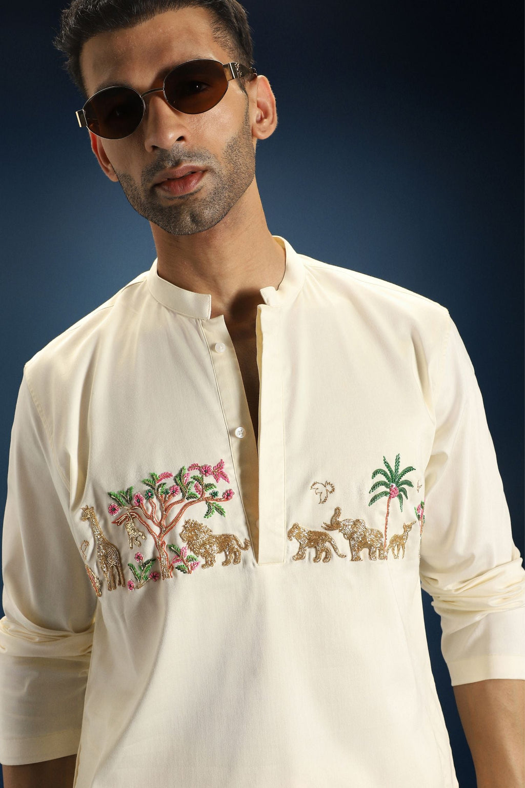 Jungle Hand Embroidered Designer Kurta - Ivory