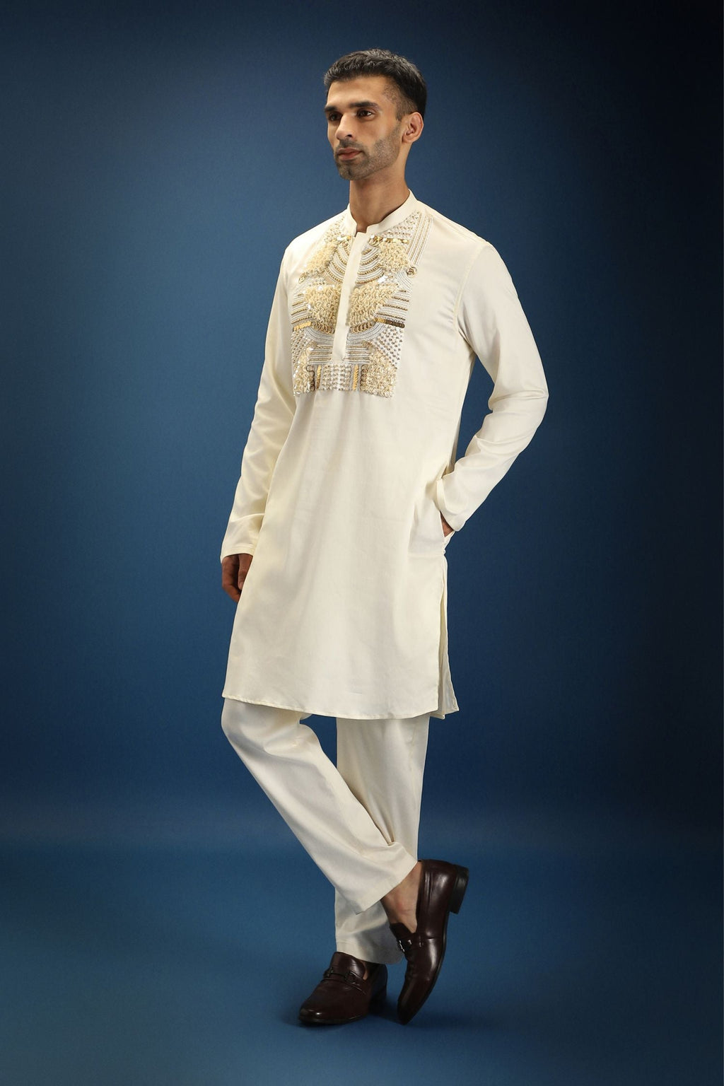 Pearl Yoke Hand Embroidered Designer Kurta - Ivory