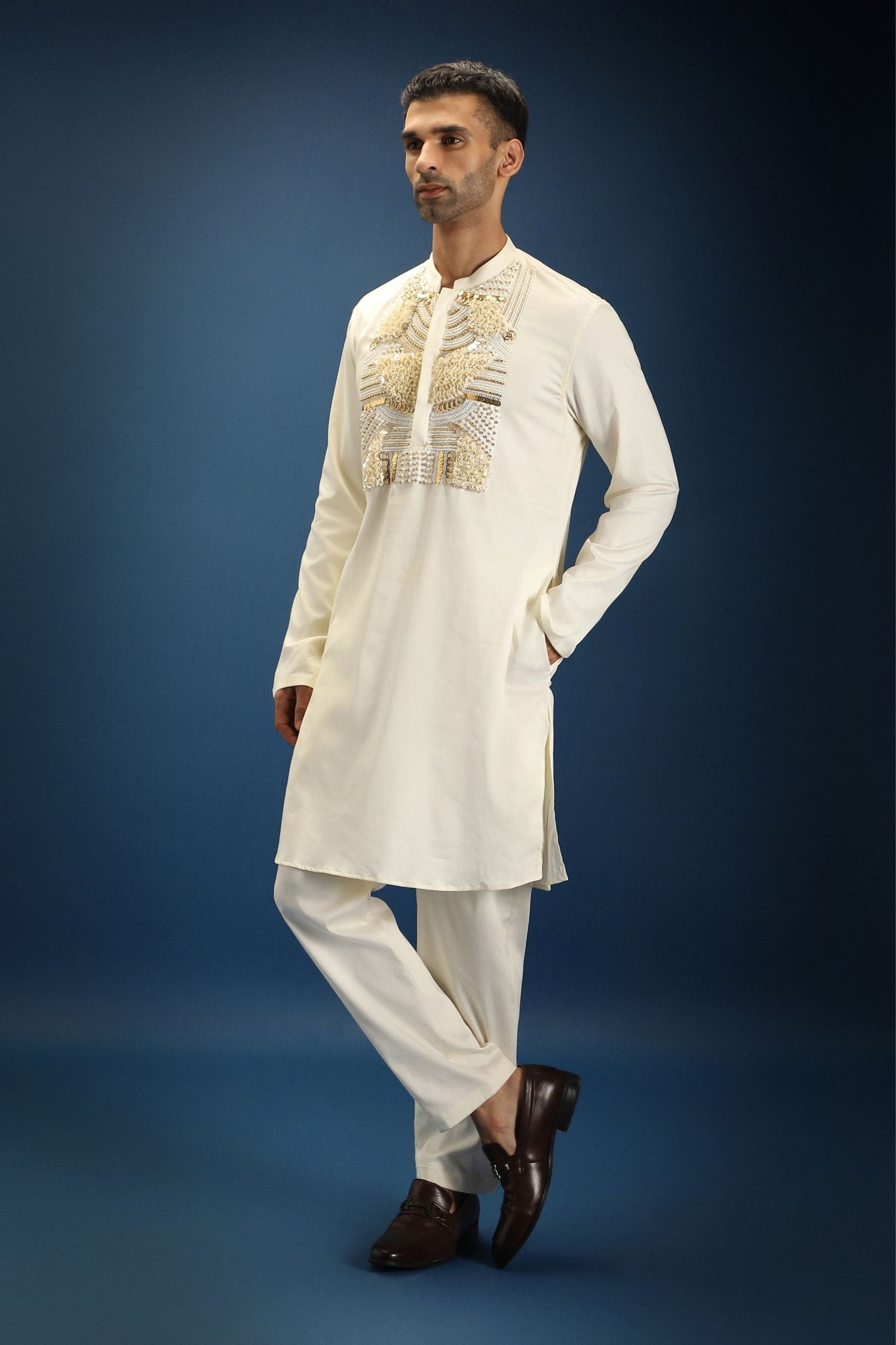 Pearl Yoke Hand Embroidered Designer Kurta - Ivory