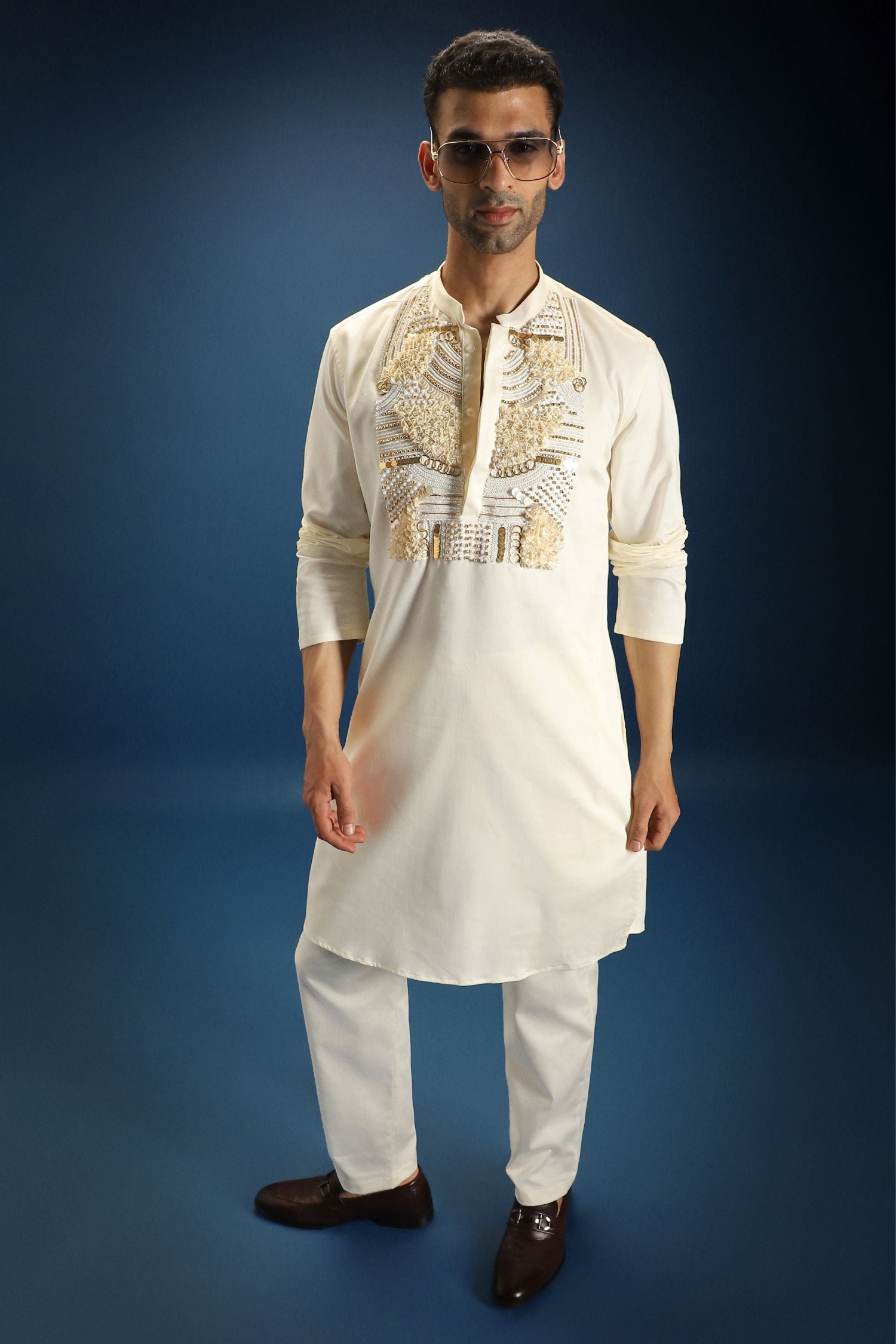 Pearl Yoke Hand Embroidered Designer Kurta - Ivory