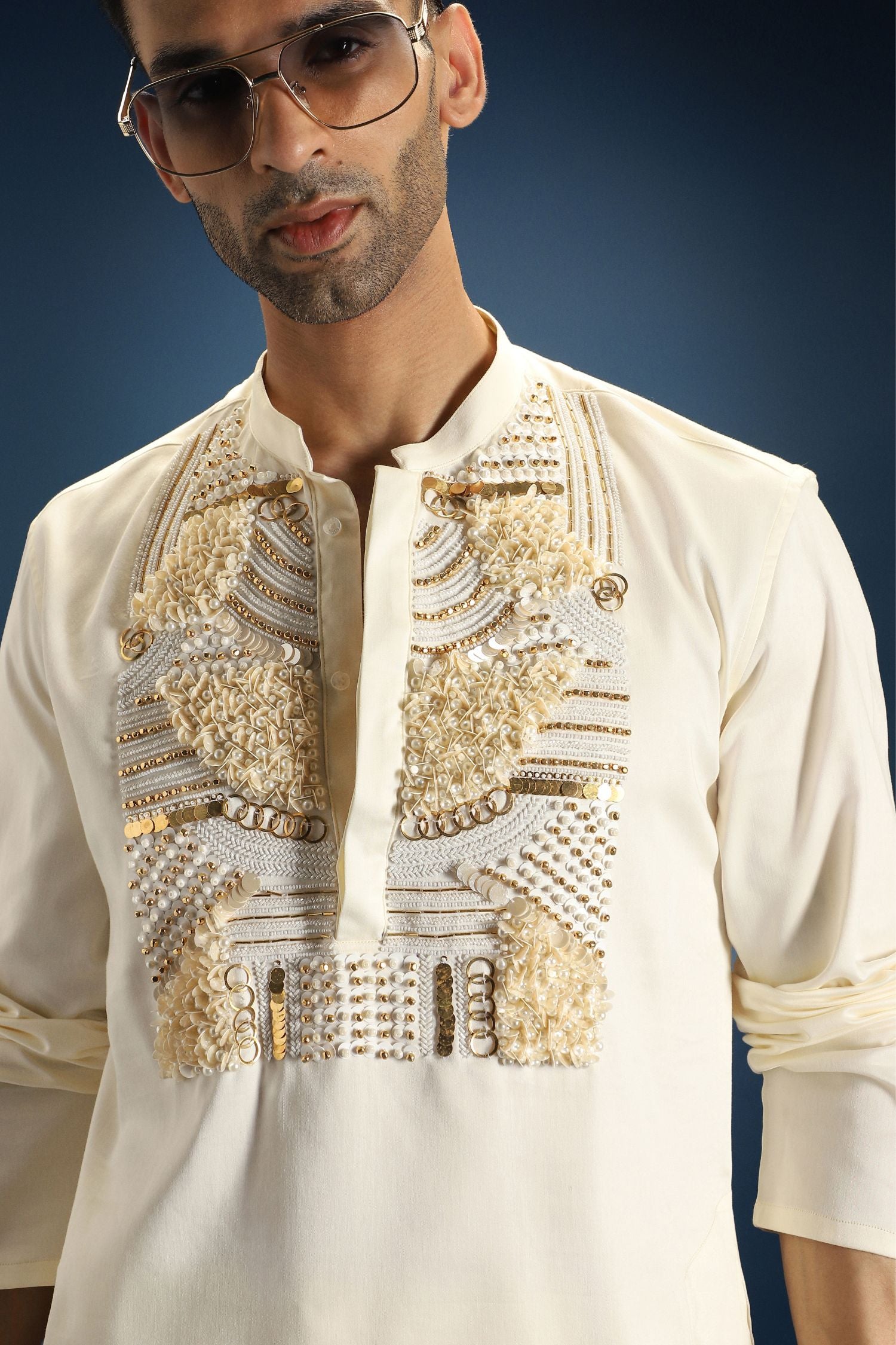 Pearl Yoke Hand Embroidered Designer Kurta - Ivory