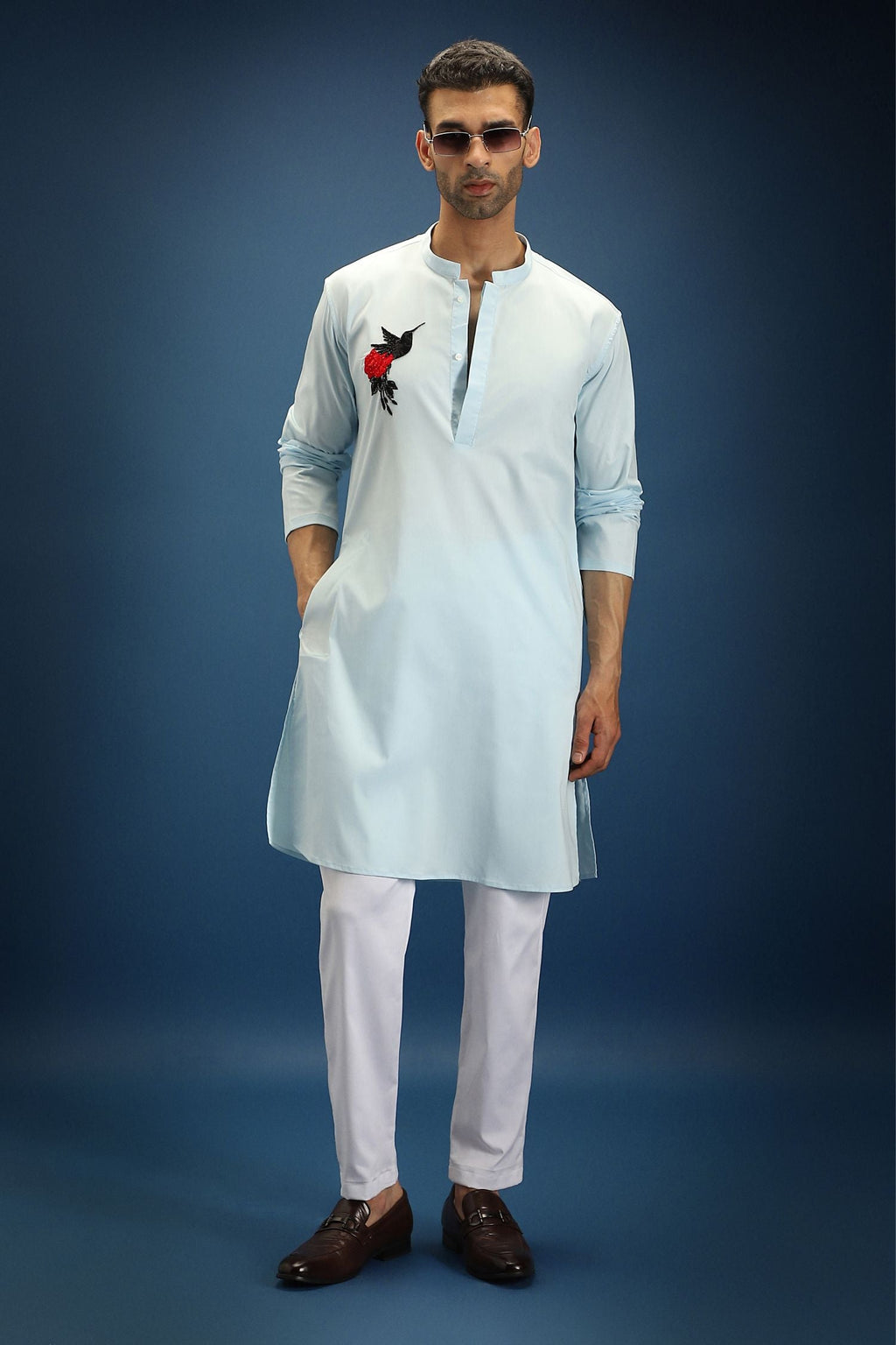 Song Bird Hand Embroidered Designer Kurta - Sky Blue