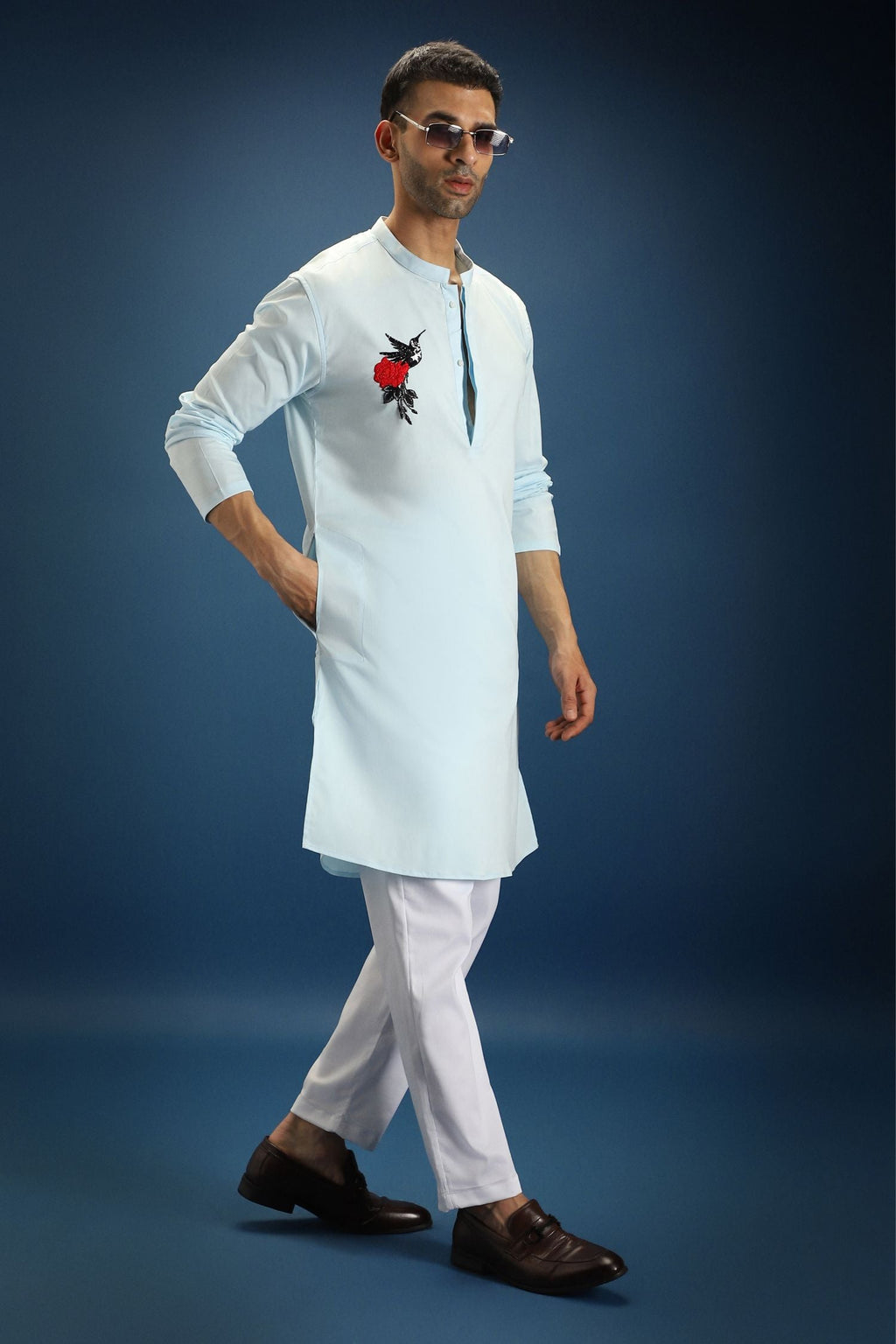 Song Bird Hand Embroidered Designer Kurta - Sky Blue