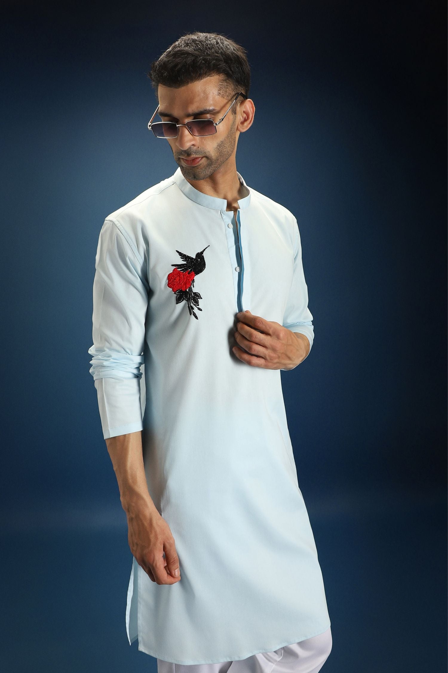 Song Bird Hand Embroidered Designer Kurta - Sky Blue