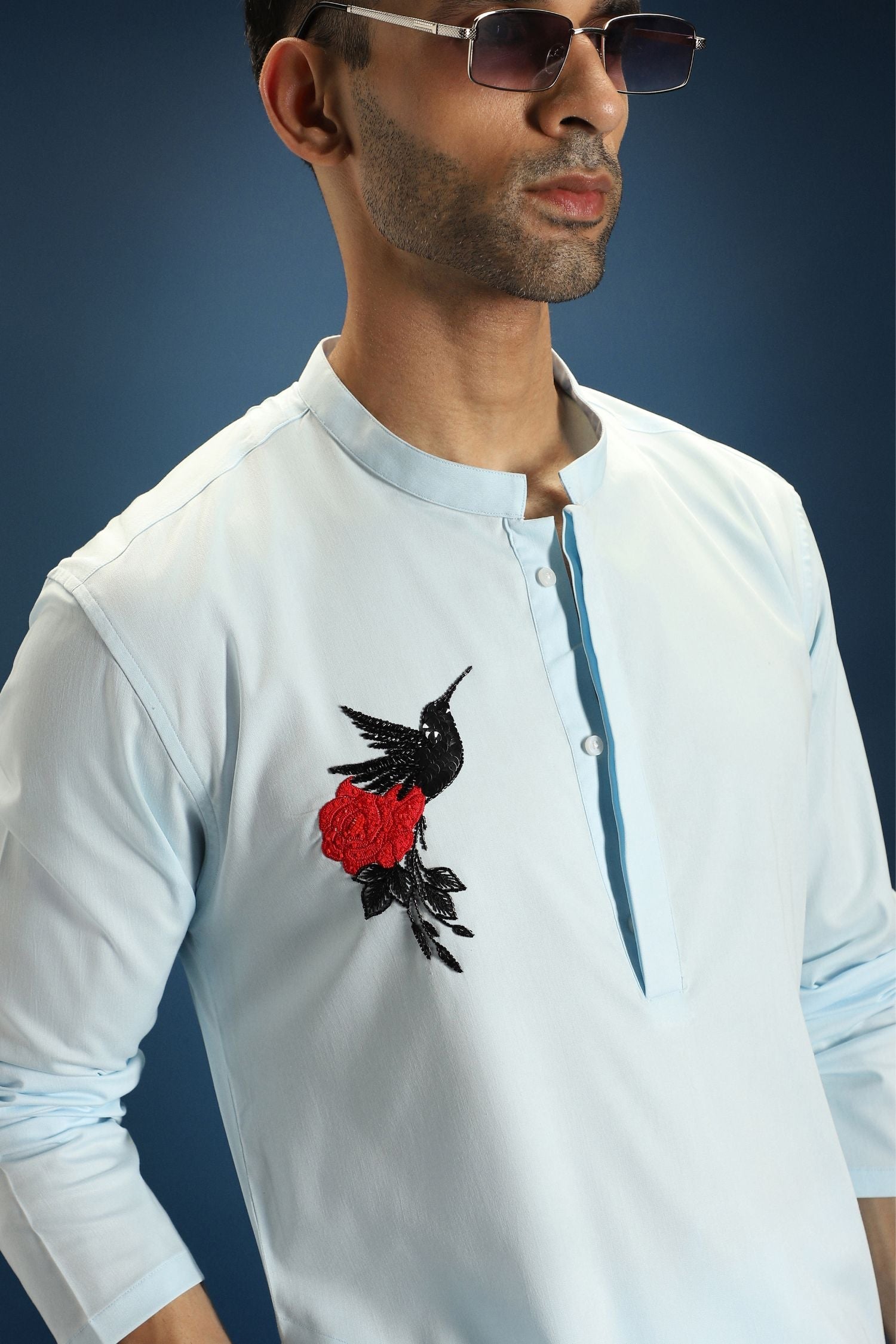 Song Bird Hand Embroidered Designer Kurta - Sky Blue