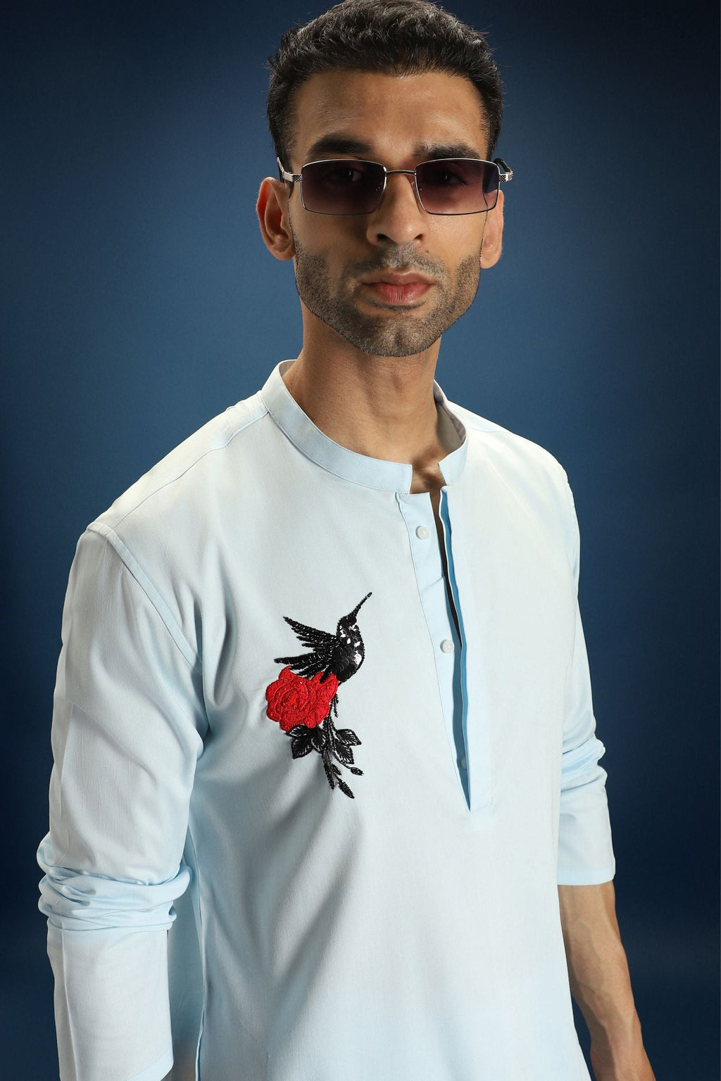 Song Bird Hand Embroidered Designer Kurta - Sky Blue