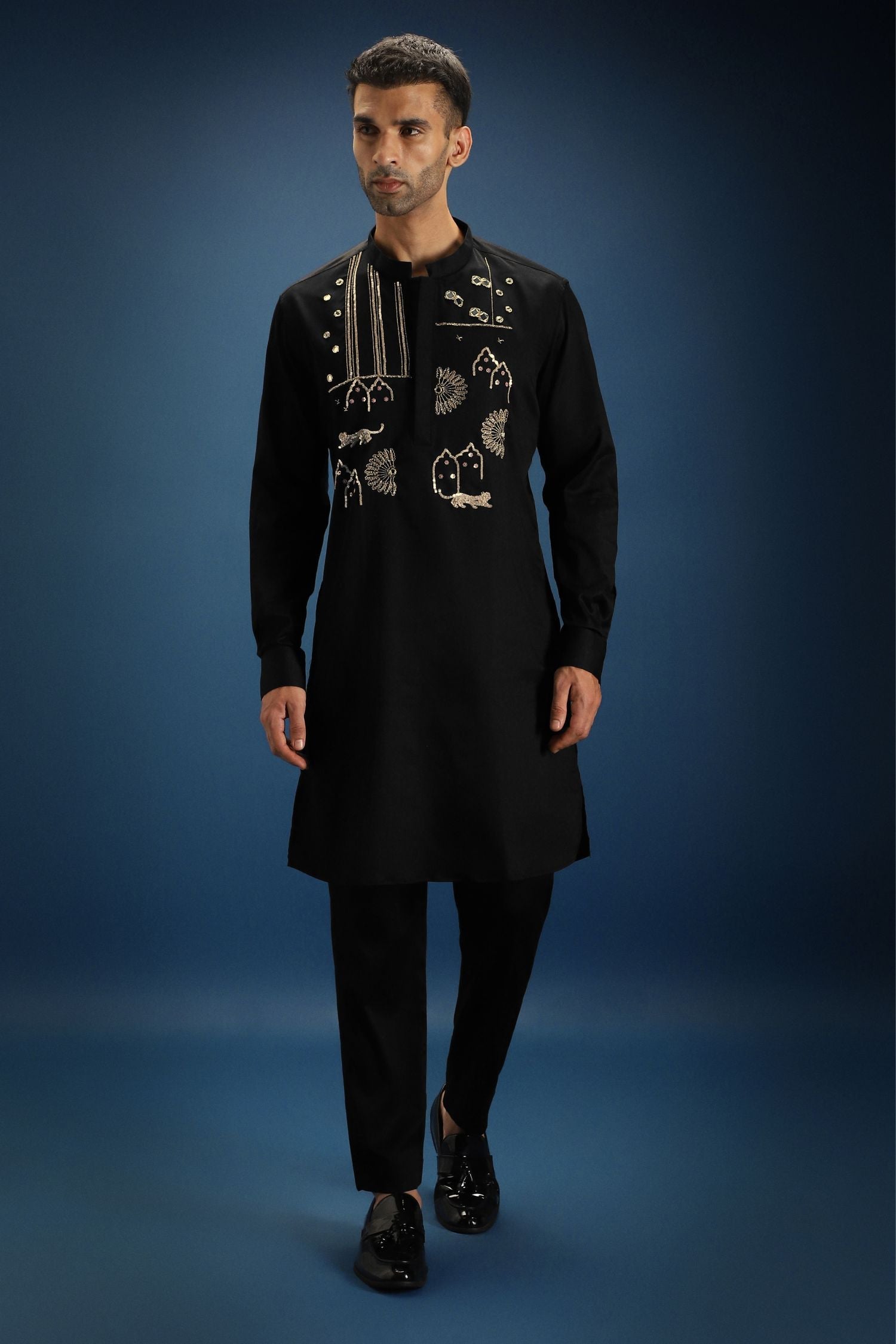 Jaguar Palace Hand Embroidered Designer Kurta - Black