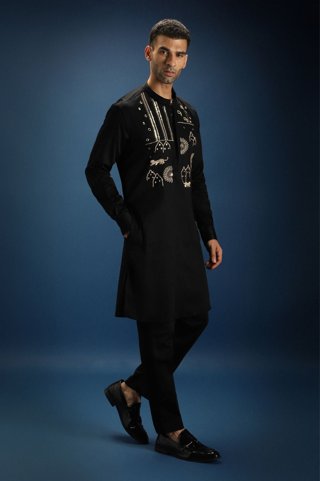 Jaguar Palace Hand Embroidered Designer Kurta - Black
