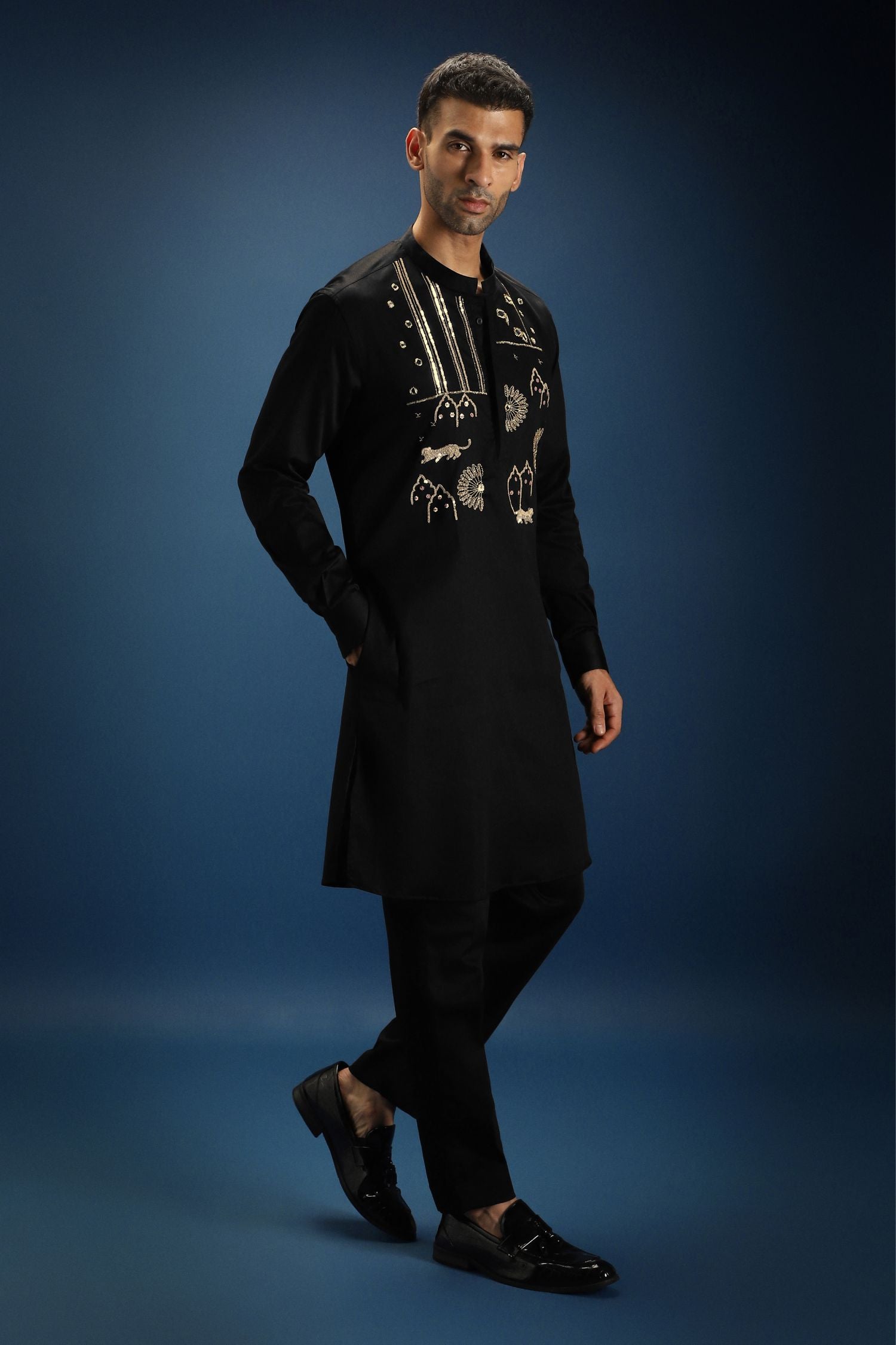 Jaguar Palace Hand Embroidered Designer Kurta - Black