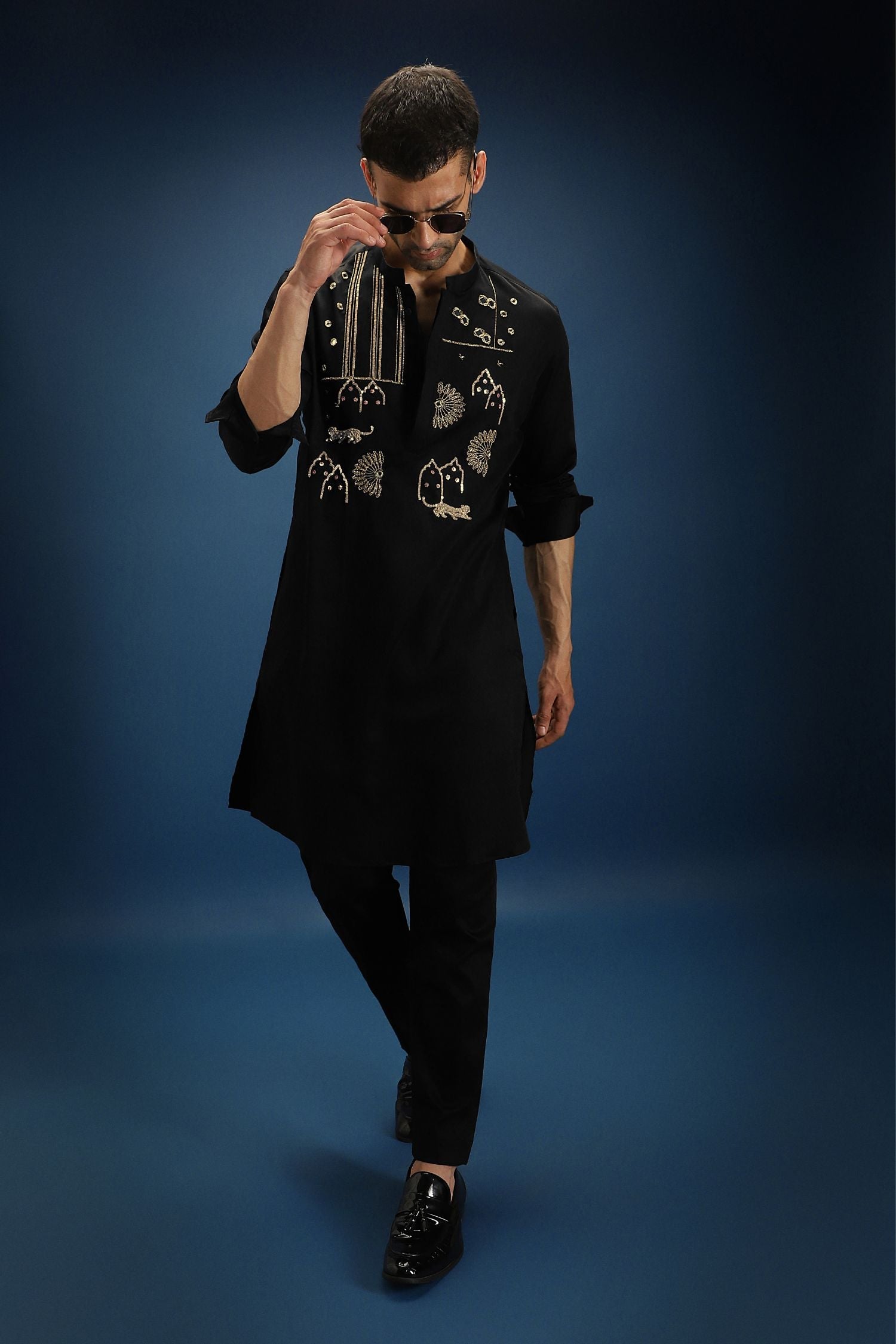 Jaguar Palace Hand Embroidered Designer Kurta - Black