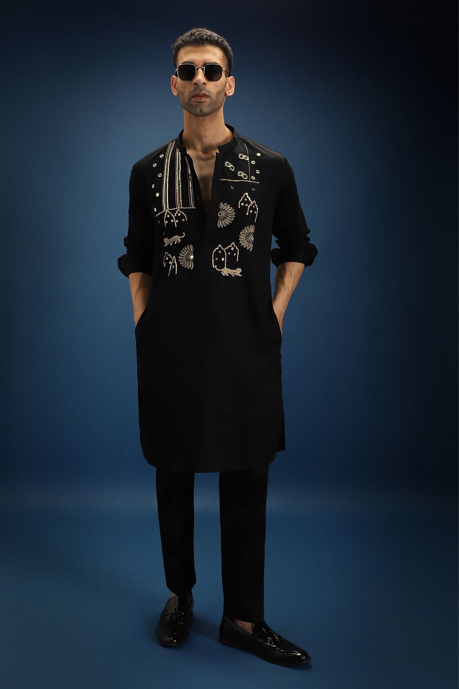 Jaguar Palace Hand Embroidered Designer Kurta - Black