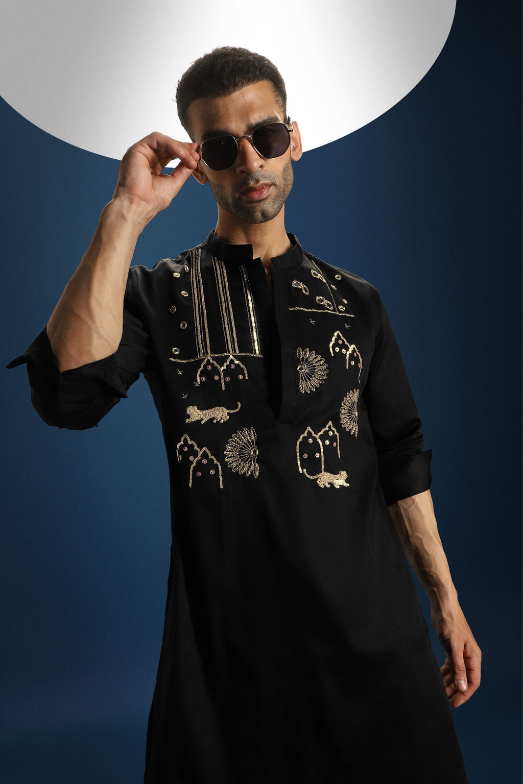 Jaguar Palace Hand Embroidered Designer Kurta - Black