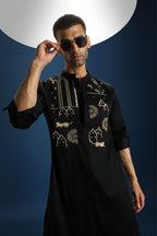 Jaguar Palace Hand Embroidered Designer Kurta - Black